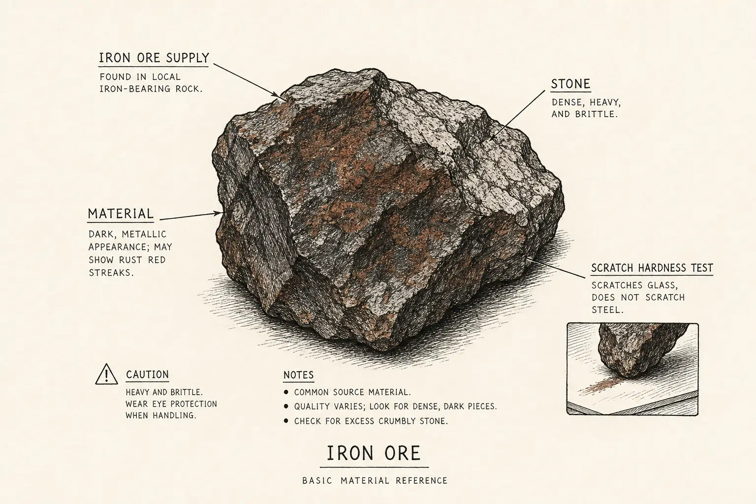 Field sketch of Iron Ore, highlighting iron ore supply, stone, scratch hardness test, material.