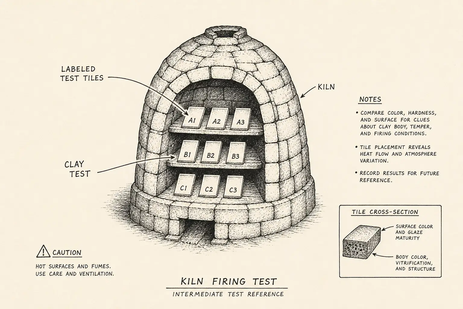 Field sketch of Kiln firing test, highlighting labeled test tiles, kiln, clay, test.