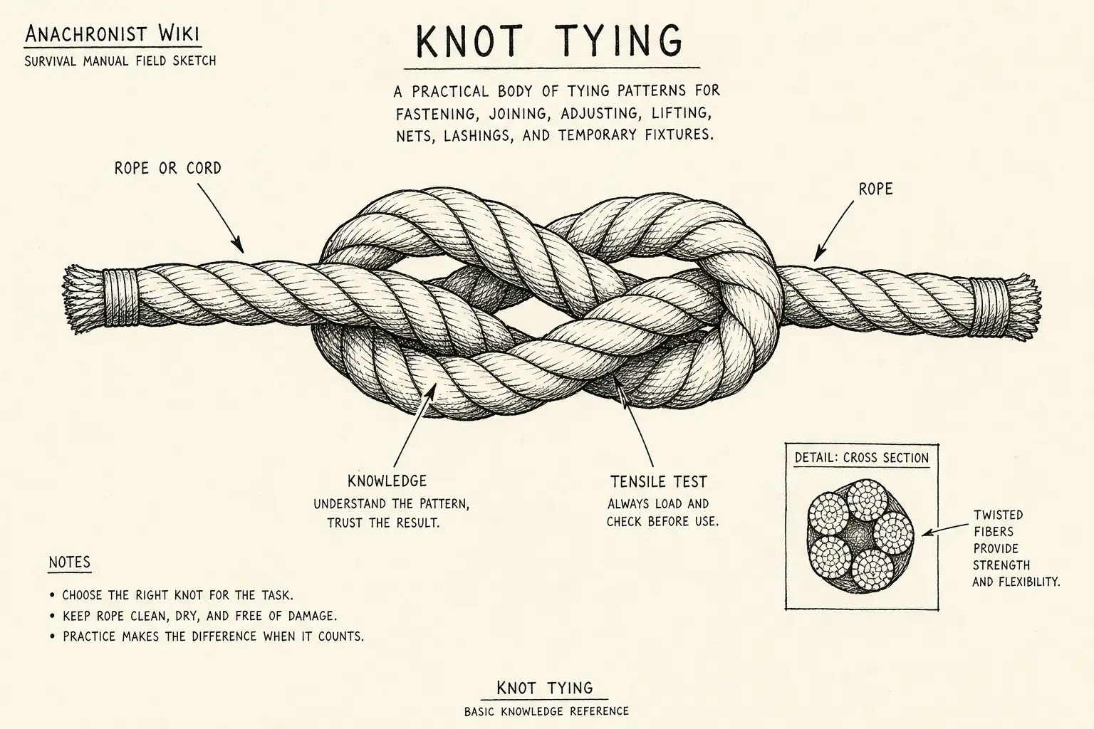 Field sketch of Knot tying, highlighting rope or cord, rope, tensile test, knowledge.