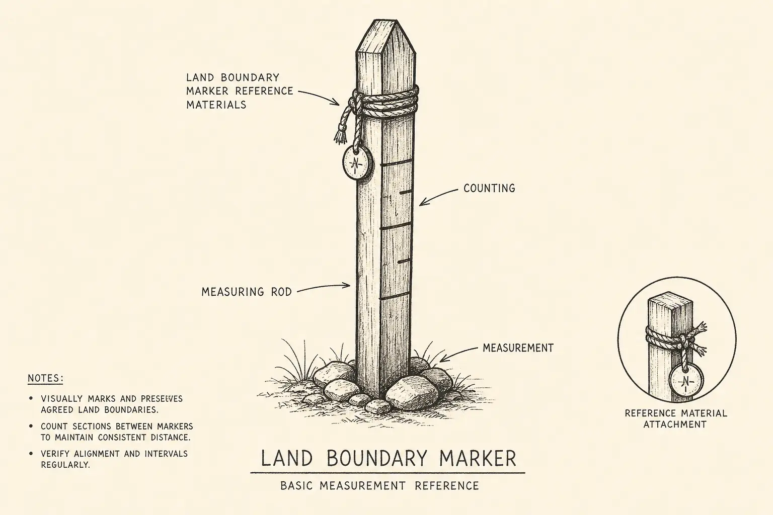 Field sketch of Land Boundary Marker, highlighting land boundary marker reference materials, counting, measuring rod, measurement.
