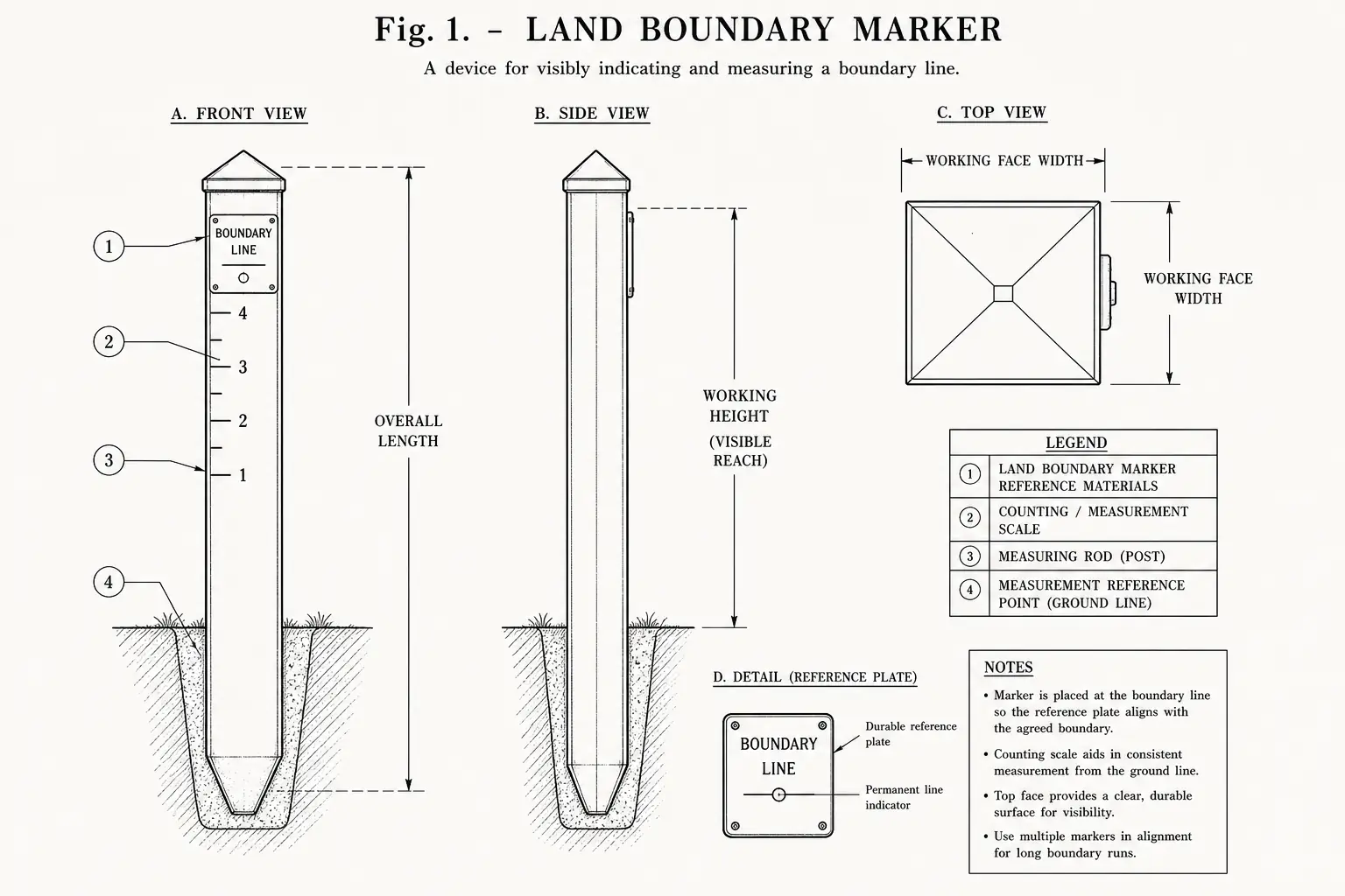 Schematic diagram of Land Boundary Marker, highlighting land boundary marker reference materials, counting, measuring rod, measurement and major working relationships.