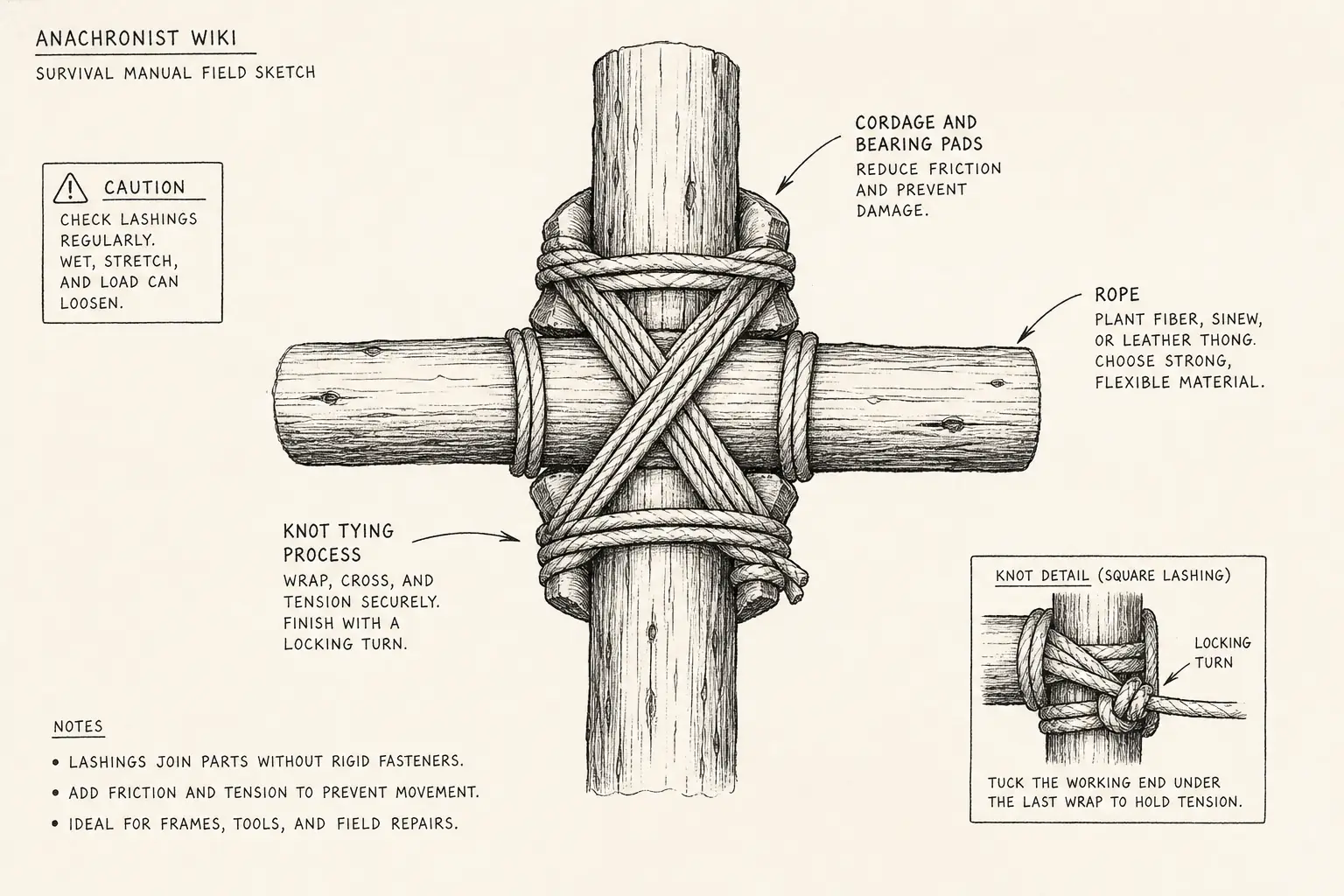 Field sketch of Lashing, highlighting cordage and bearing pads, rope, knot tying, process.