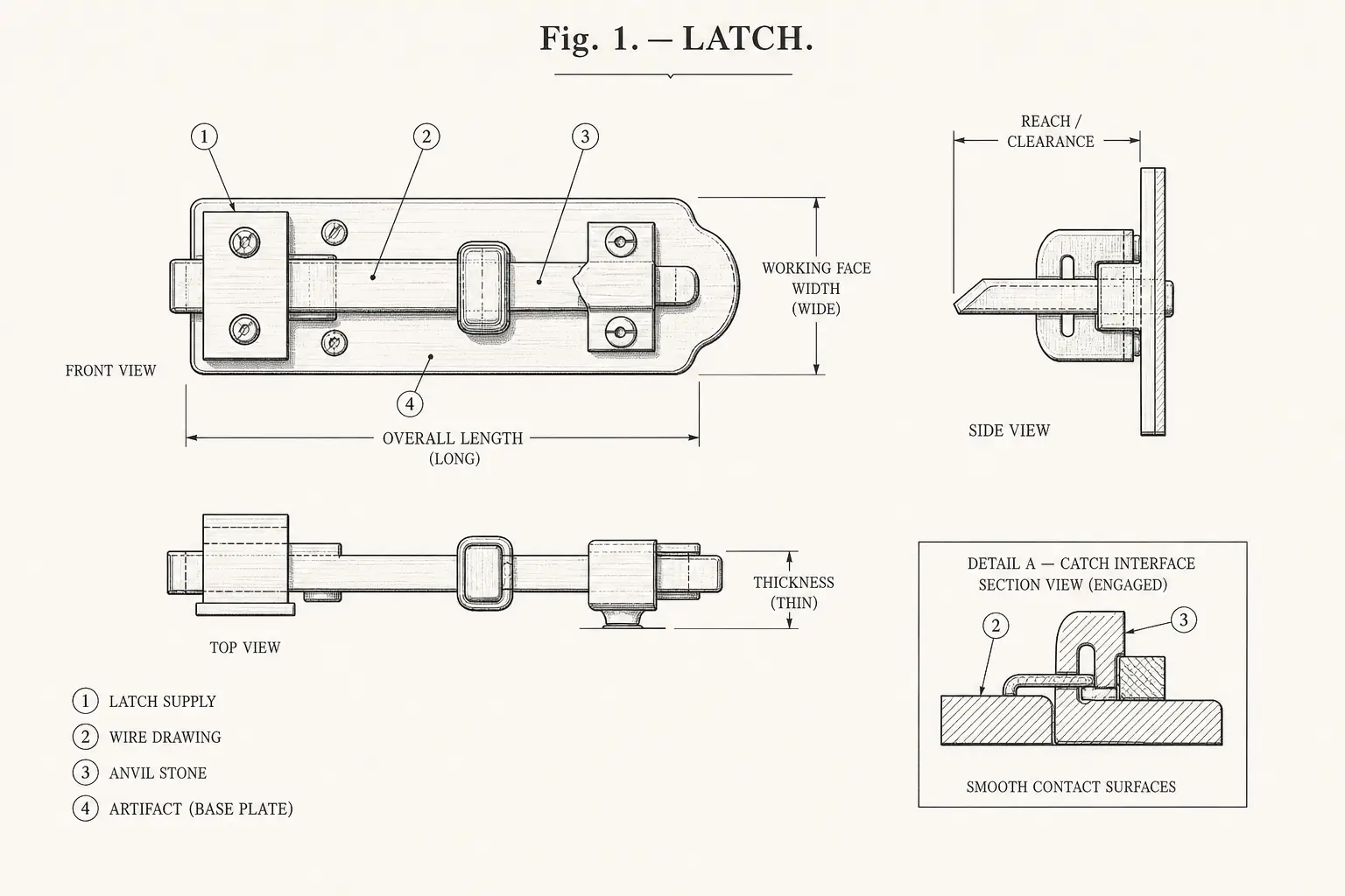 Schematic diagram of Latch, highlighting latch supply, wire drawing, anvil stone, artifact and major working relationships.