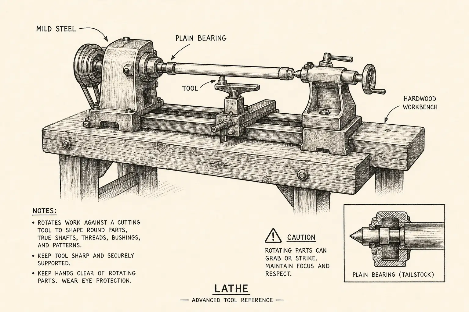 Field sketch of Lathe, highlighting mild steel, hardwood, workbench, plain bearing.
