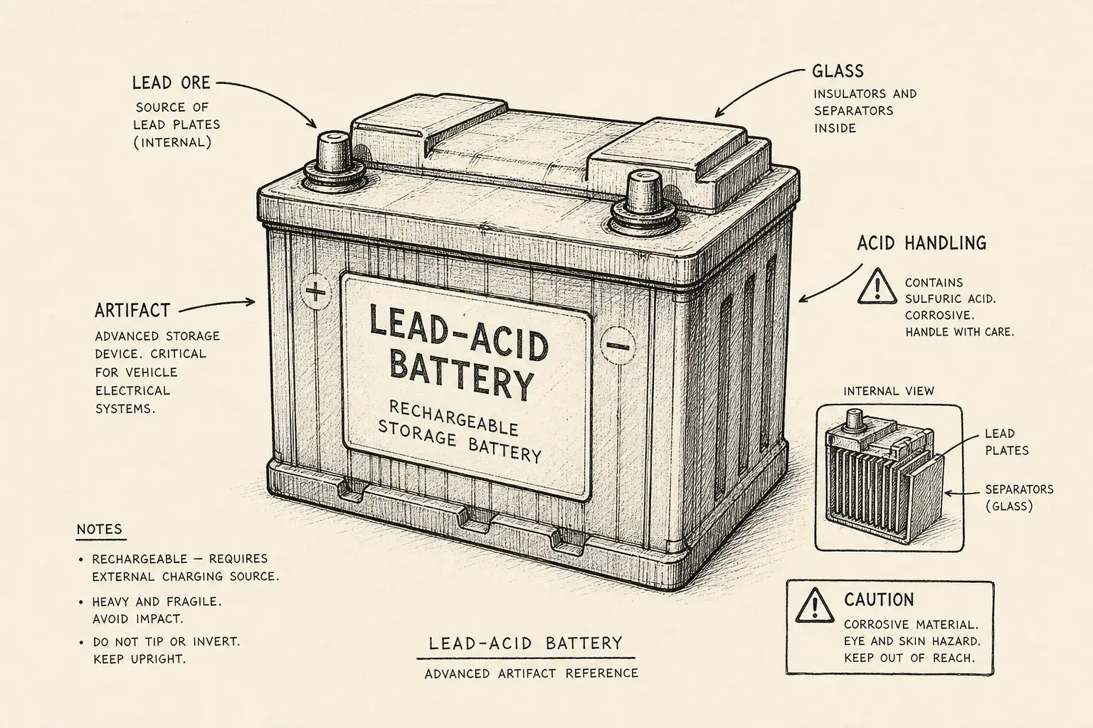 Field sketch of Lead-acid battery, highlighting lead ore, glass, acid handling, artifact.