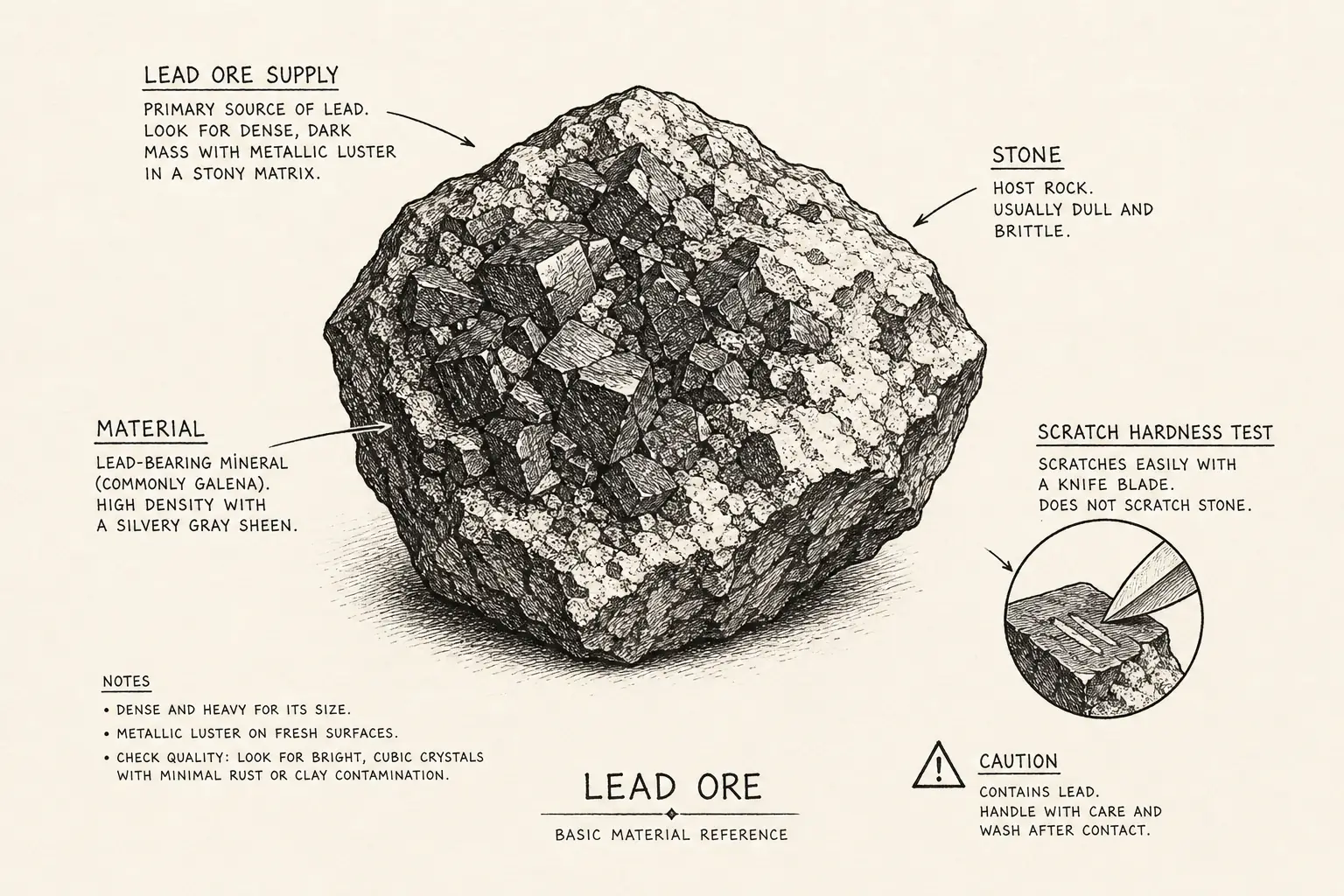 Field sketch of Lead Ore, highlighting lead ore supply, stone, scratch hardness test, material.