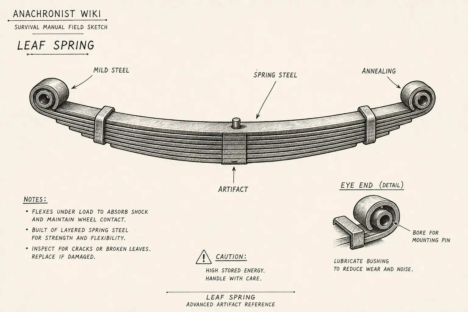 Field sketch of Leaf spring, highlighting mild steel, spring steel, annealing, artifact.
