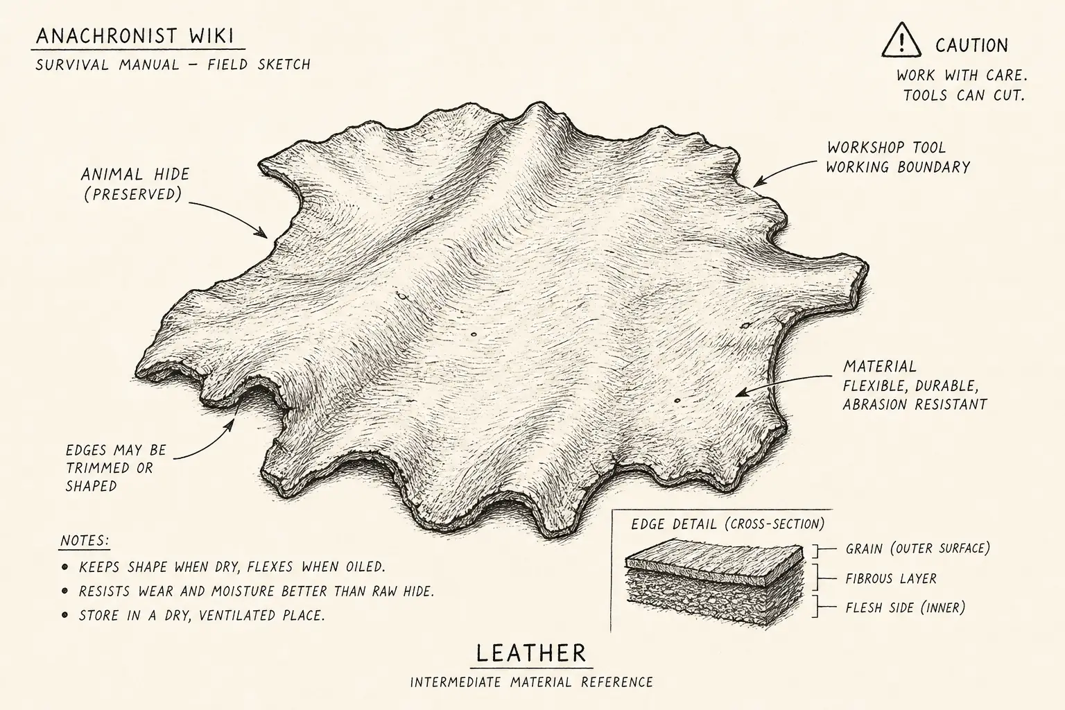 Field sketch of Leather, highlighting animal hide, cutting edge, material.
