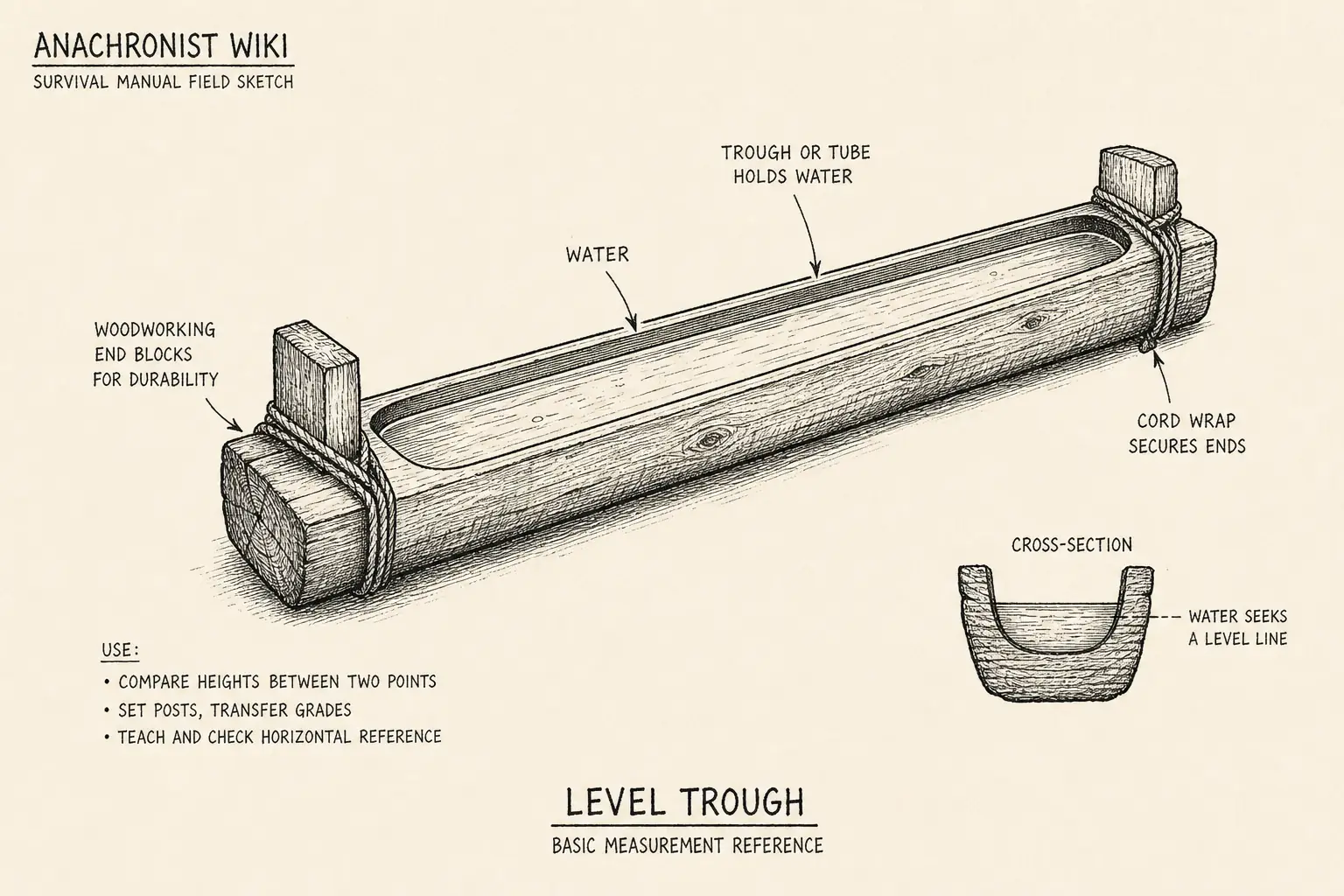 Field sketch of Level trough, highlighting trough or tube and water, water, woodworking, measurement.