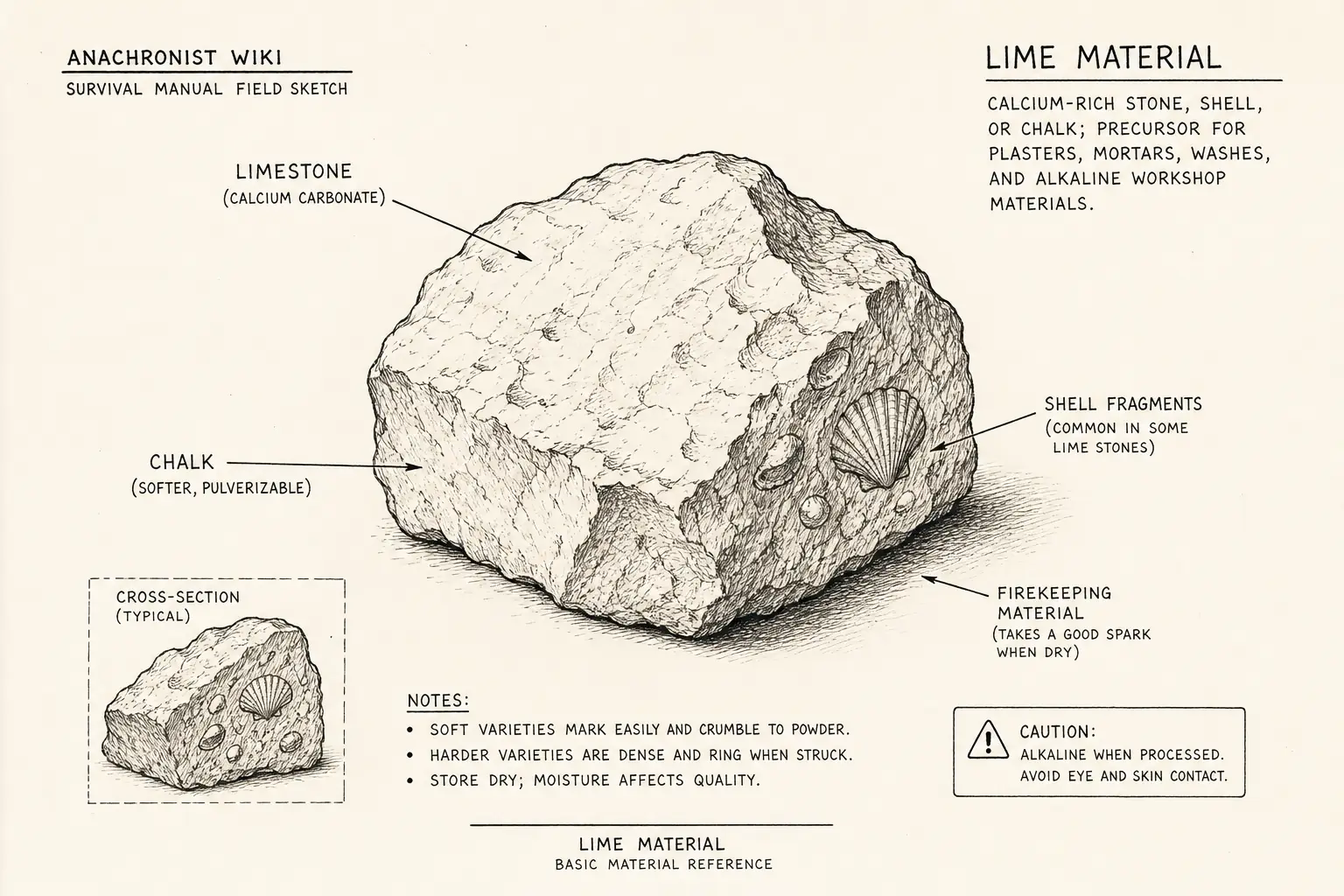 Field sketch of Lime material, highlighting limestone, chalk, or shell, chalk, firekeeping, material.