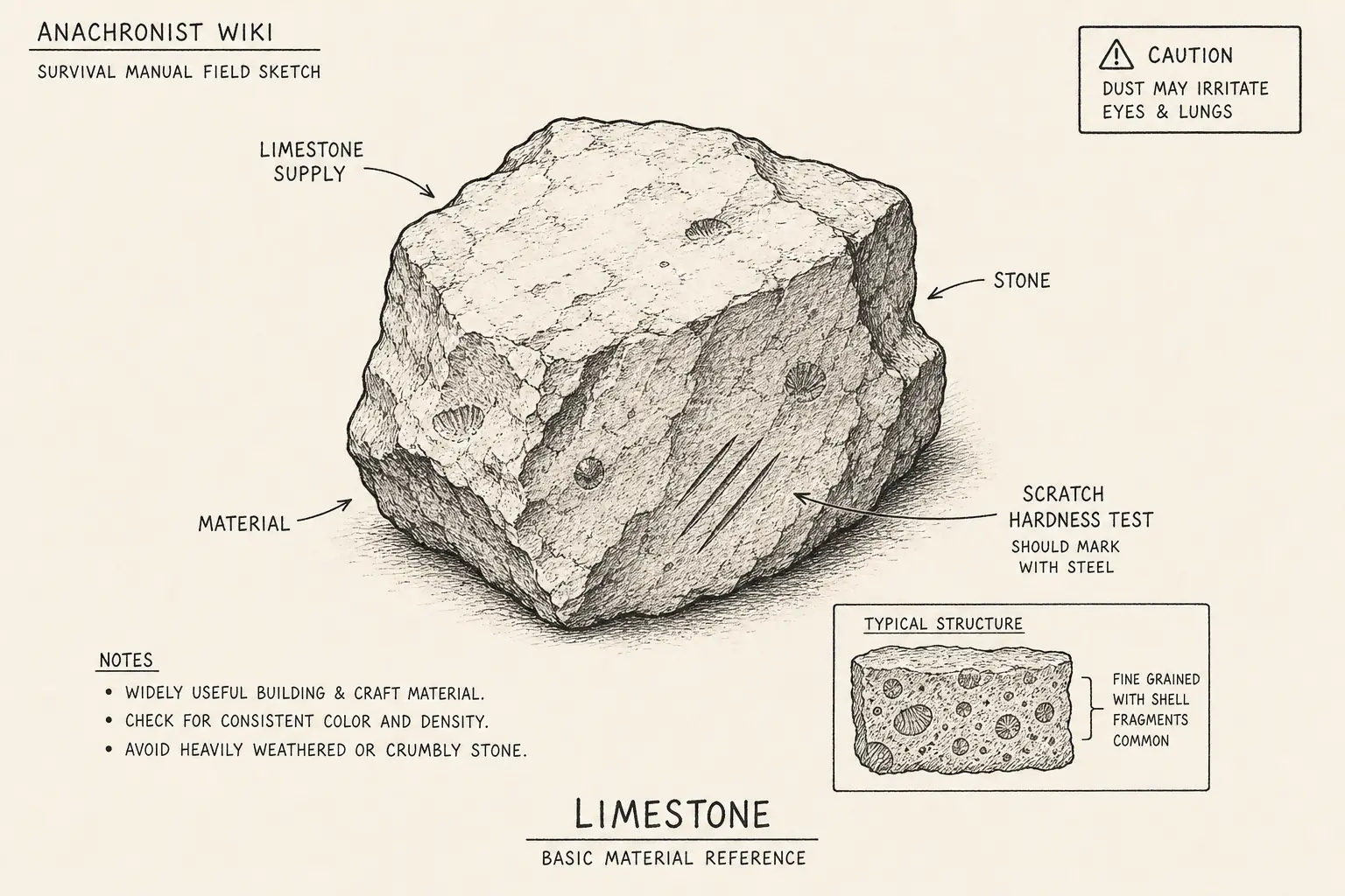Field sketch of Limestone, highlighting limestone supply, stone, scratch hardness test, material.