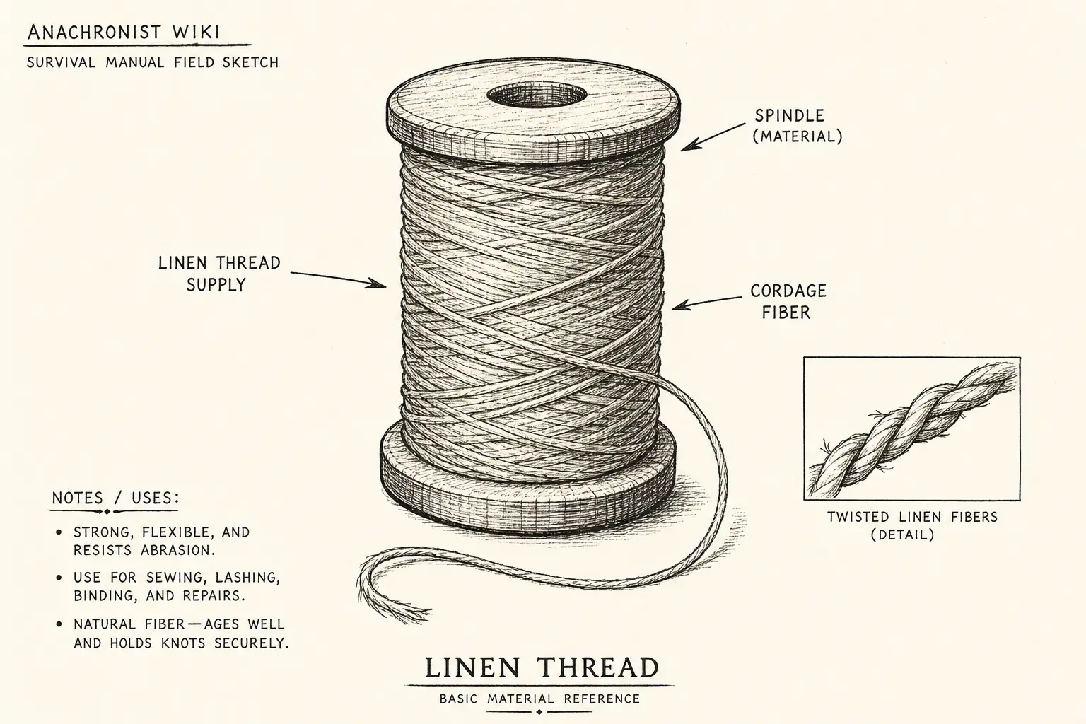 Field sketch of Linen Thread, highlighting linen thread supply, cordage fiber, spindle, material.