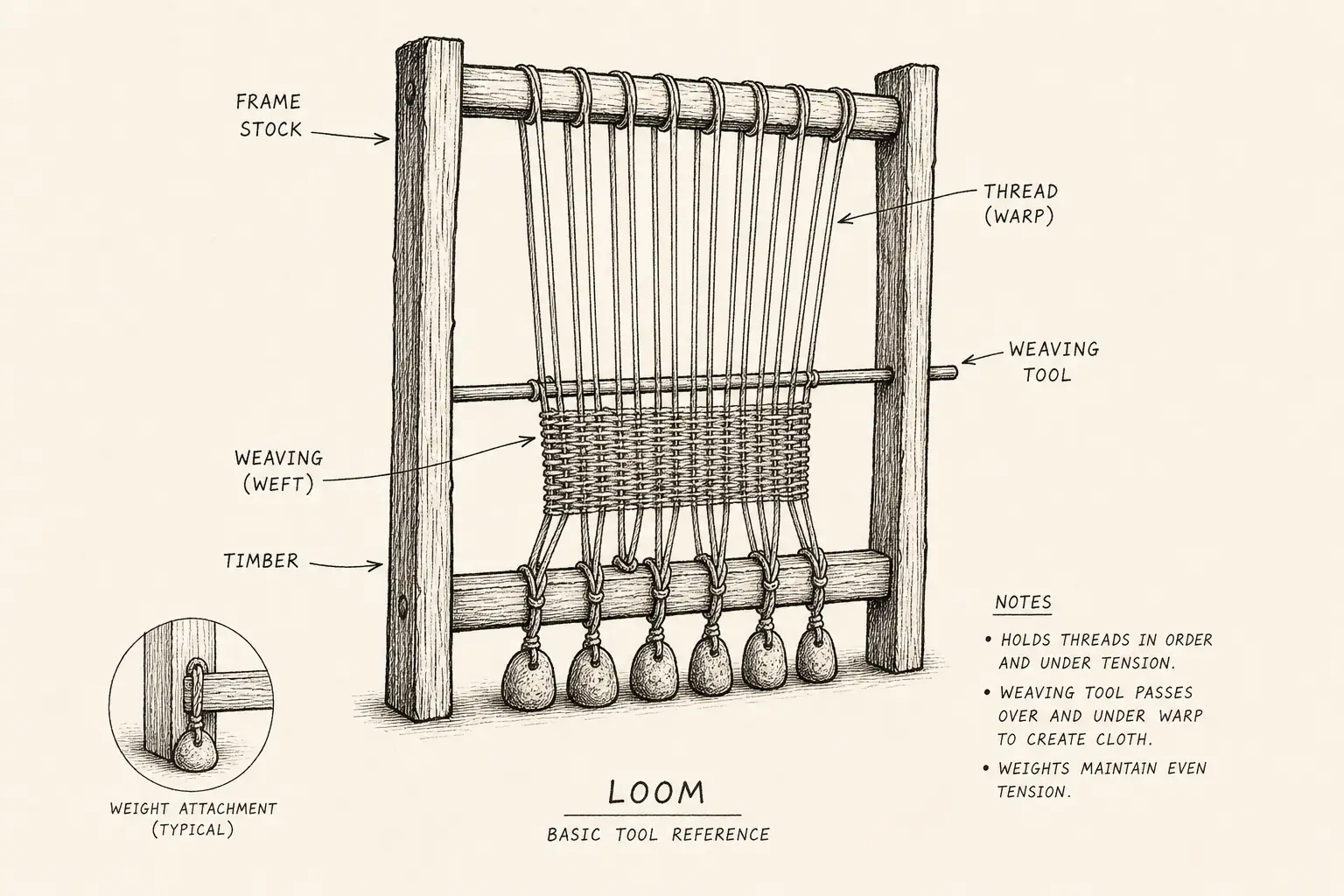 Field sketch of Loom, highlighting frame stock and thread, weaving, timber, tool.