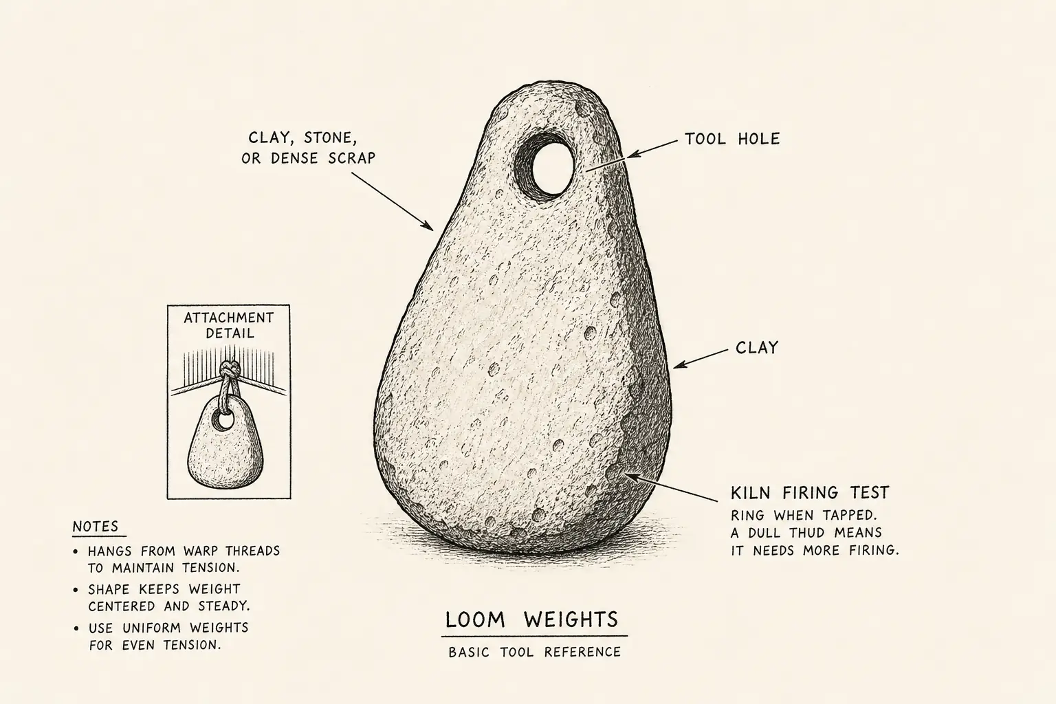 Field sketch of Loom weights, highlighting clay, stone, or dense scrap, clay, kiln firing test, tool.