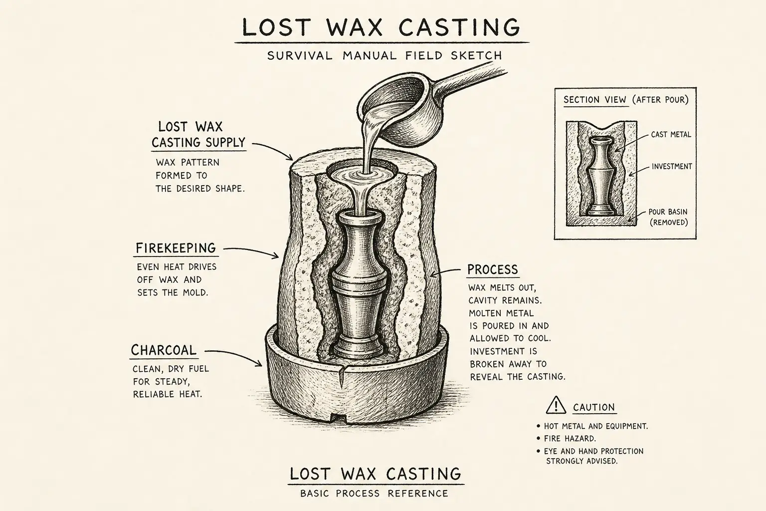 Field sketch of Lost Wax Casting, highlighting lost wax casting supply, firekeeping, charcoal, process.