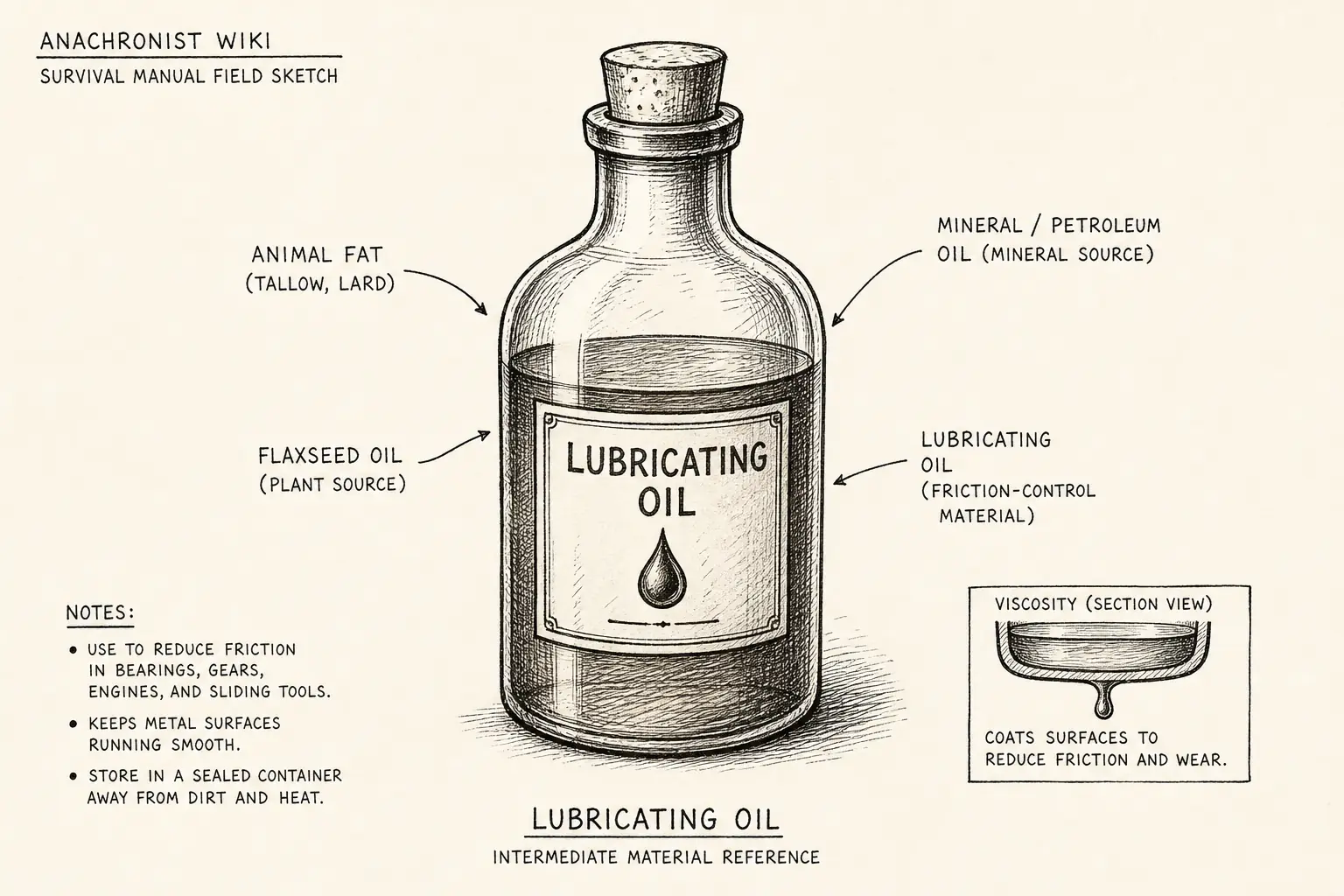 Field sketch of Lubricating oil, highlighting animal fat, flaxseed oil, material.