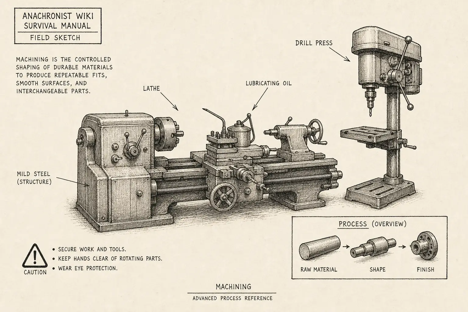 Field sketch of Machining, highlighting mild steel, lubricating oil, lathe, drill press.