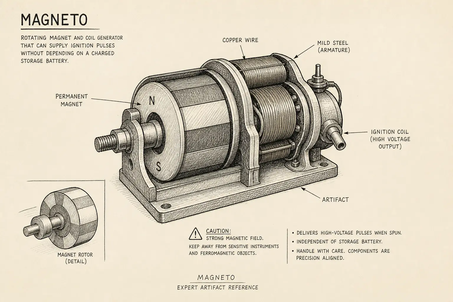 Field sketch of Magneto, highlighting copper wire, mild steel, ignition coil, permanent magnet.
