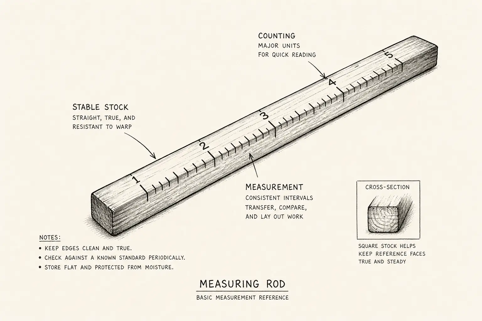 Field sketch of Measuring rod, highlighting stable stock, counting, measurement.