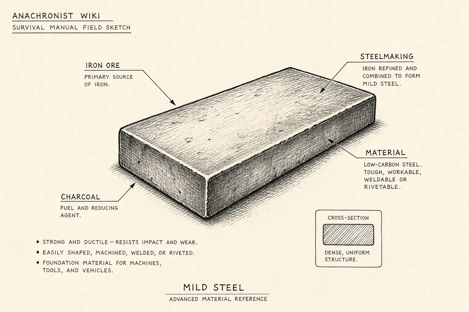 Field sketch of Mild steel, highlighting iron ore, charcoal, steelmaking, material.