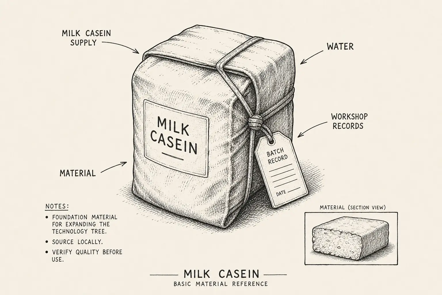 Field sketch of Milk Casein, highlighting milk casein supply, water, workshop records, material.