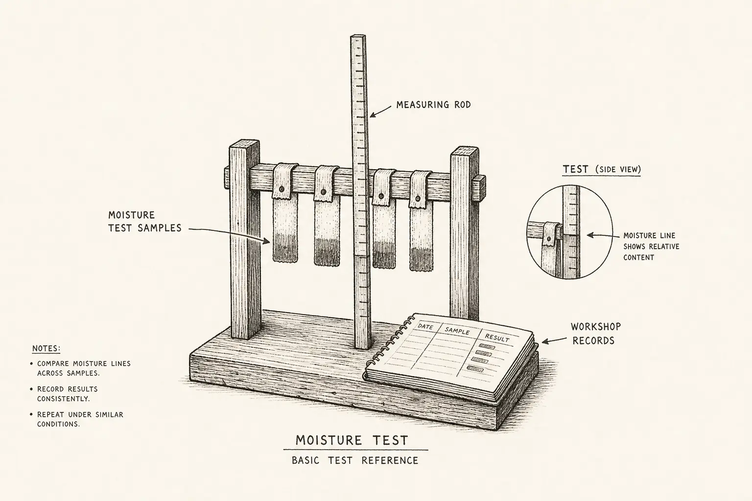 Field sketch of Moisture Test, highlighting moisture test samples, measuring rod, workshop records, test.
