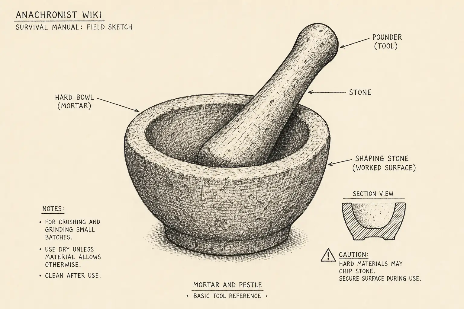 Field sketch of Mortar and pestle, highlighting hard bowl and pounder, stone, stone hammer, tool.