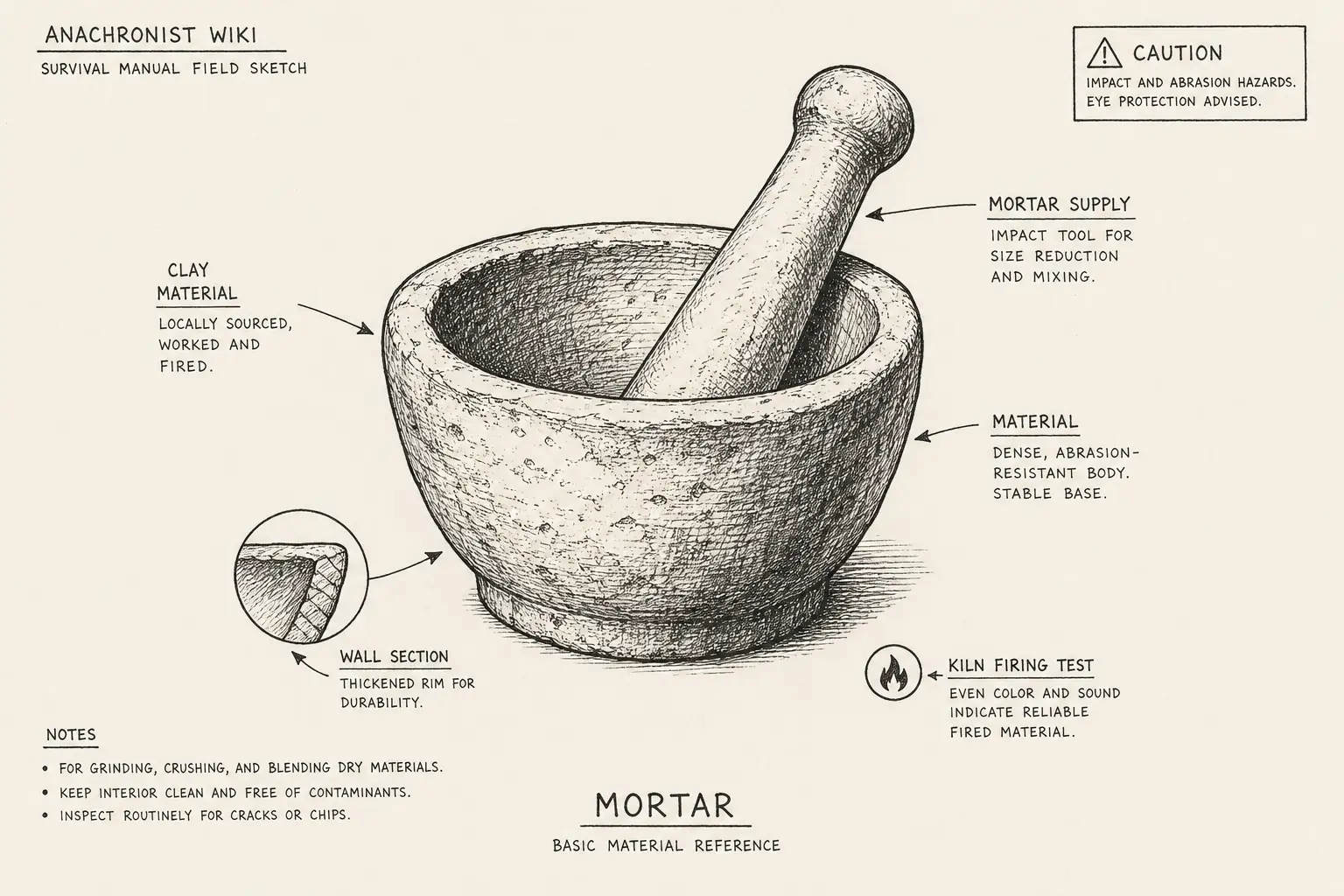 Field sketch of Mortar, highlighting mortar supply, clay, kiln firing test, material.
