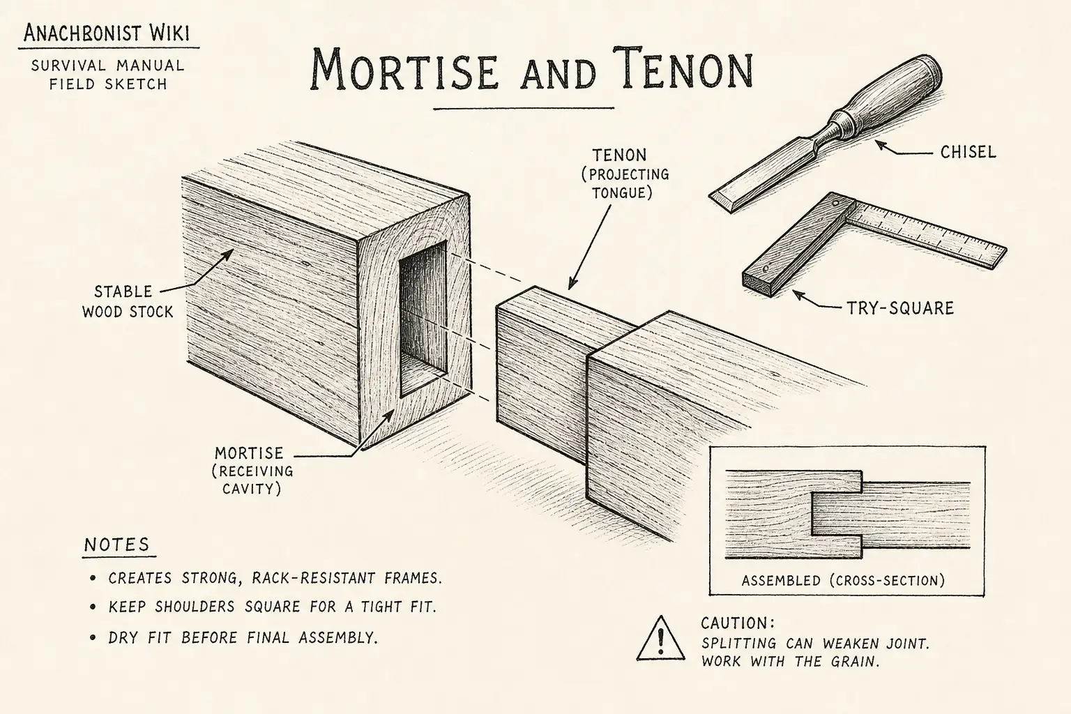 Field sketch of Mortise and tenon, highlighting stable wood stock, chisel, try-square, process.
