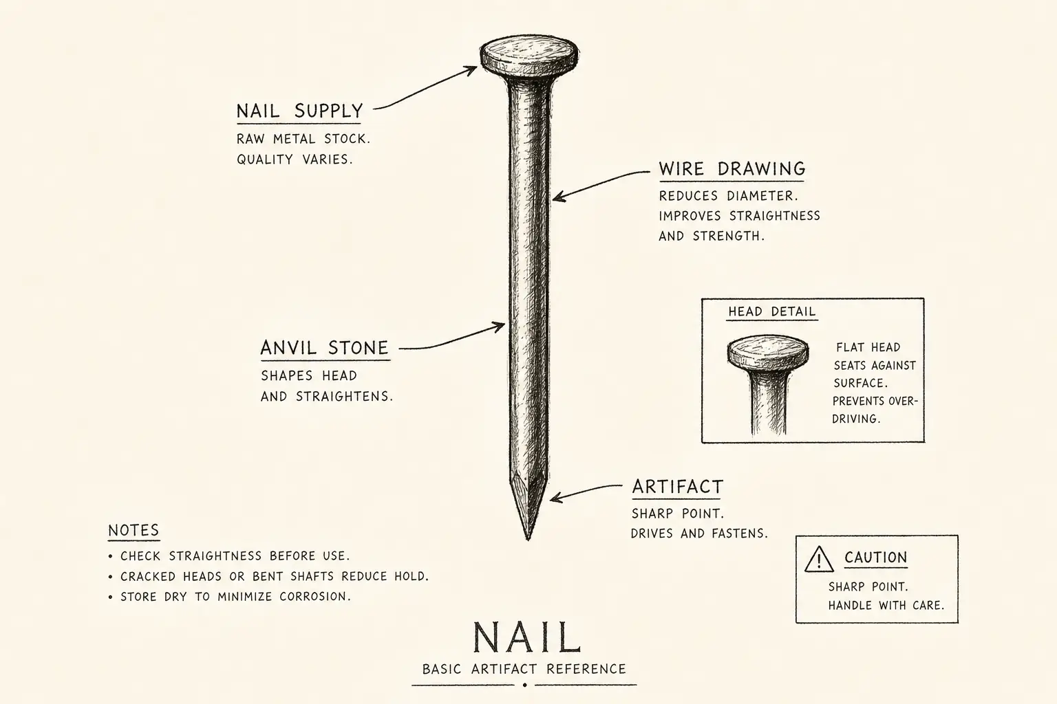 Field sketch of Nail, highlighting nail supply, wire drawing, anvil stone, artifact.