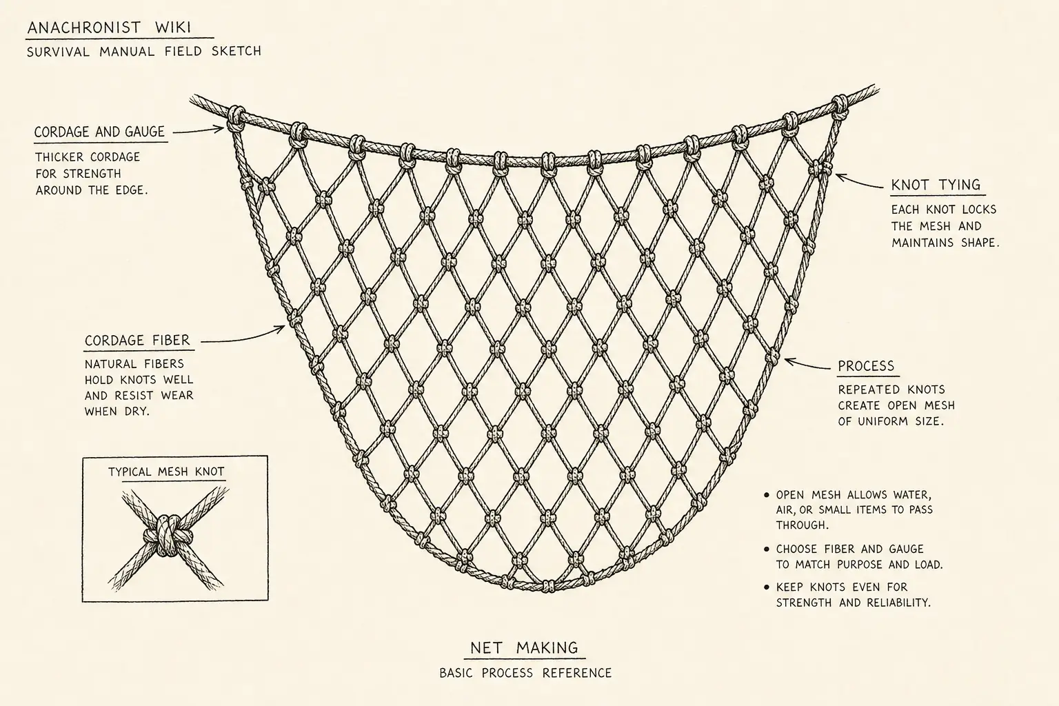Field sketch of Net making, highlighting cordage and gauge, knot tying, cordage fiber, process.