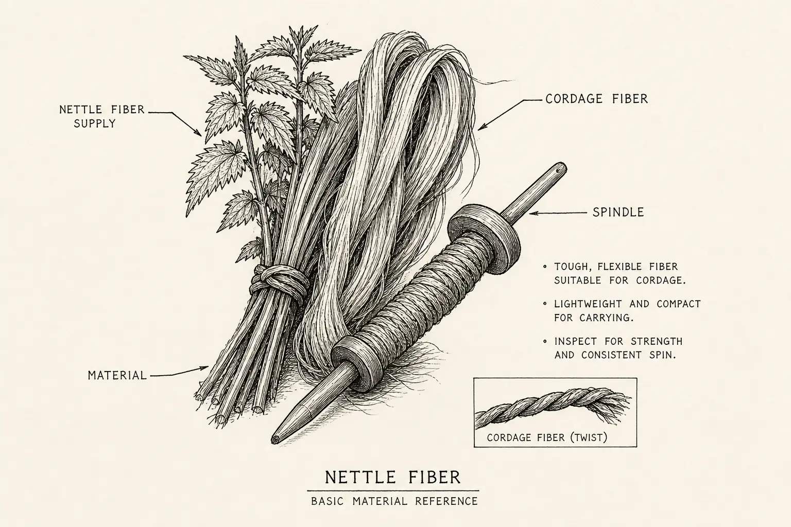 Field sketch of Nettle Fiber, highlighting nettle fiber supply, cordage fiber, spindle, material.