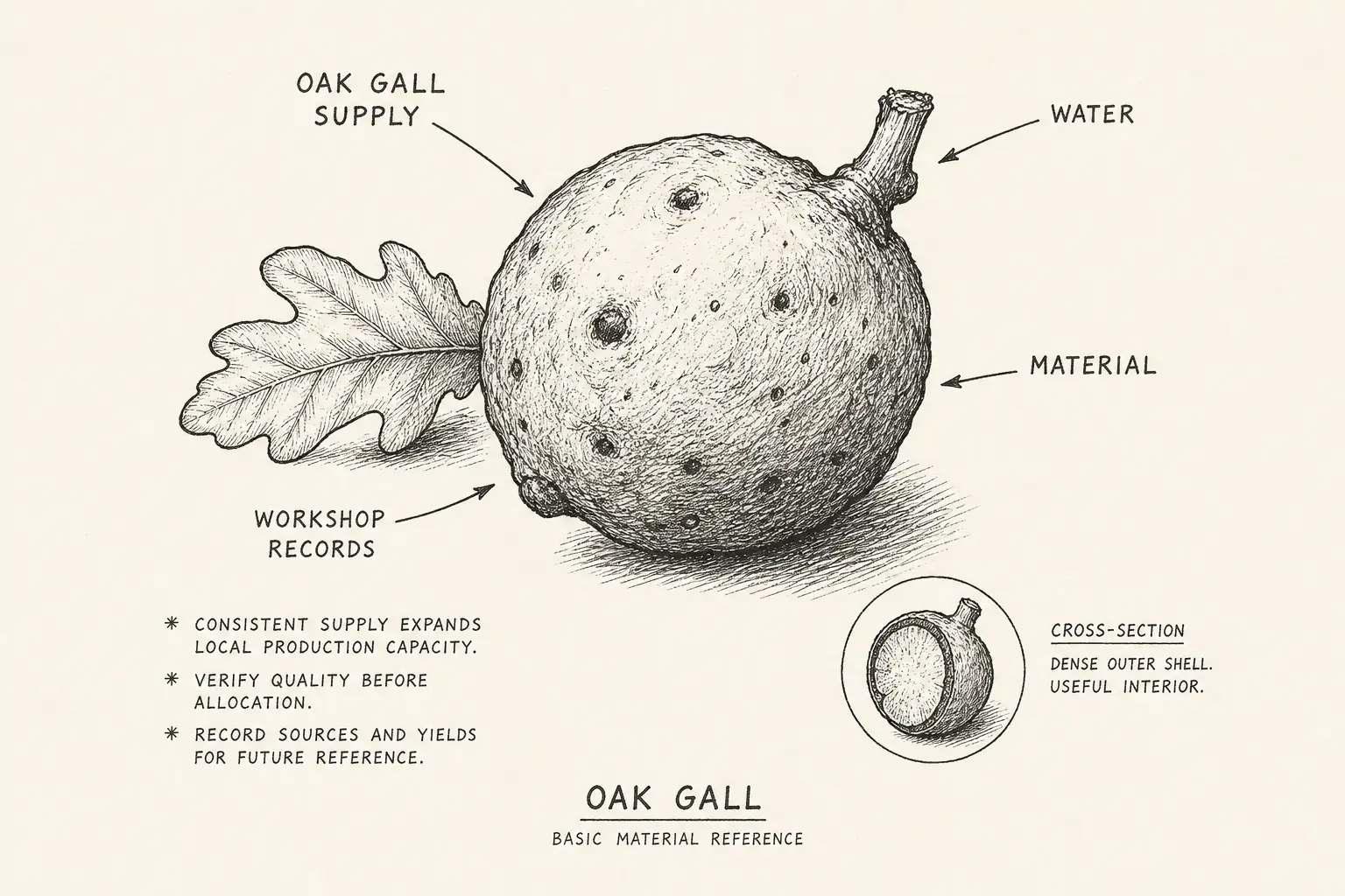Field sketch of Oak Gall, highlighting oak gall supply, water, workshop records, material.
