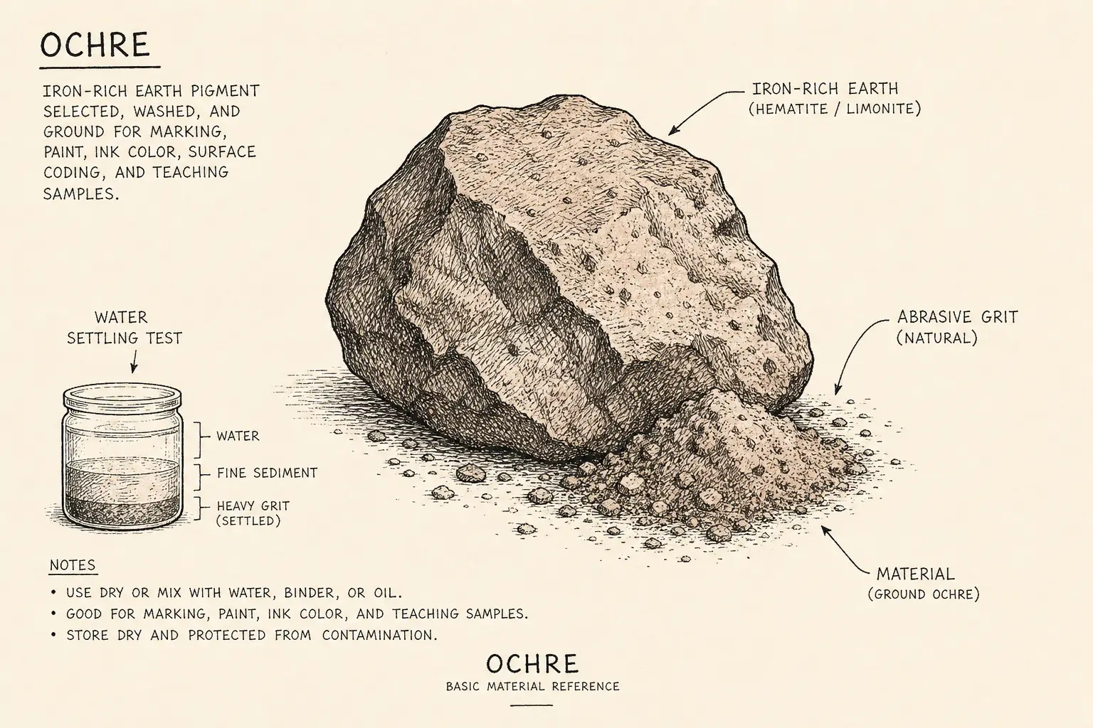 Field sketch of Ochre, highlighting iron-rich earth, water settling test, abrasive grit, material.