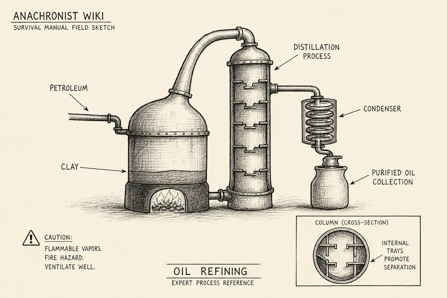 Field sketch of Oil refining, highlighting petroleum, clay, distillation, process.
