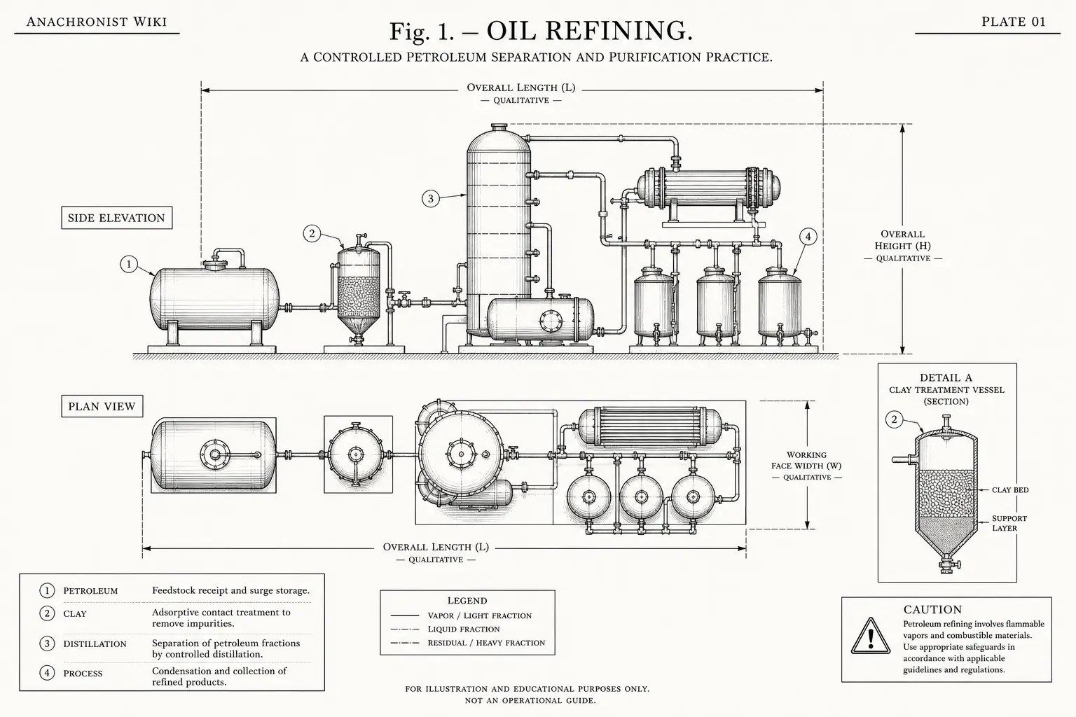Schematic diagram of Oil refining, highlighting petroleum, clay, distillation, process and major working relationships.