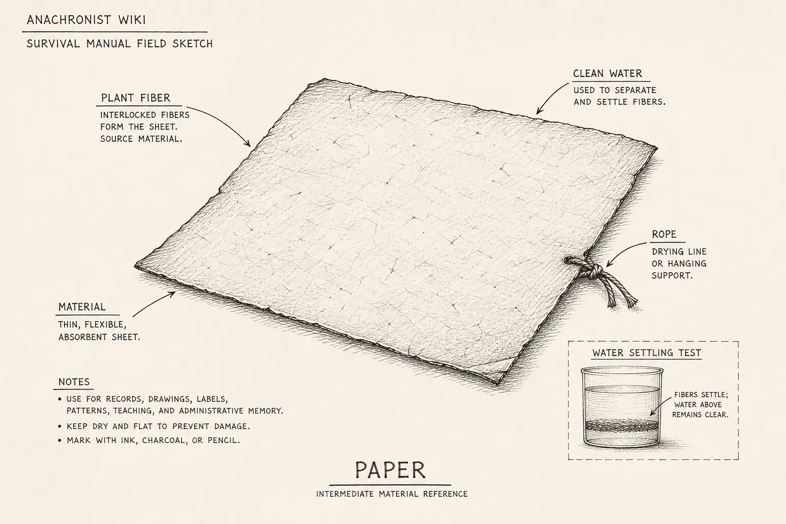 Field sketch of Paper, highlighting plant fiber, clean water, rope, water settling test.