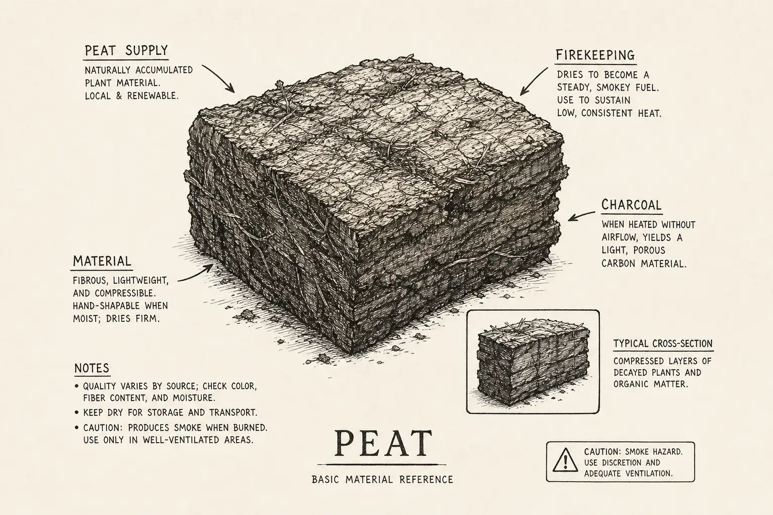 Field sketch of Peat, highlighting peat supply, firekeeping, charcoal, material.