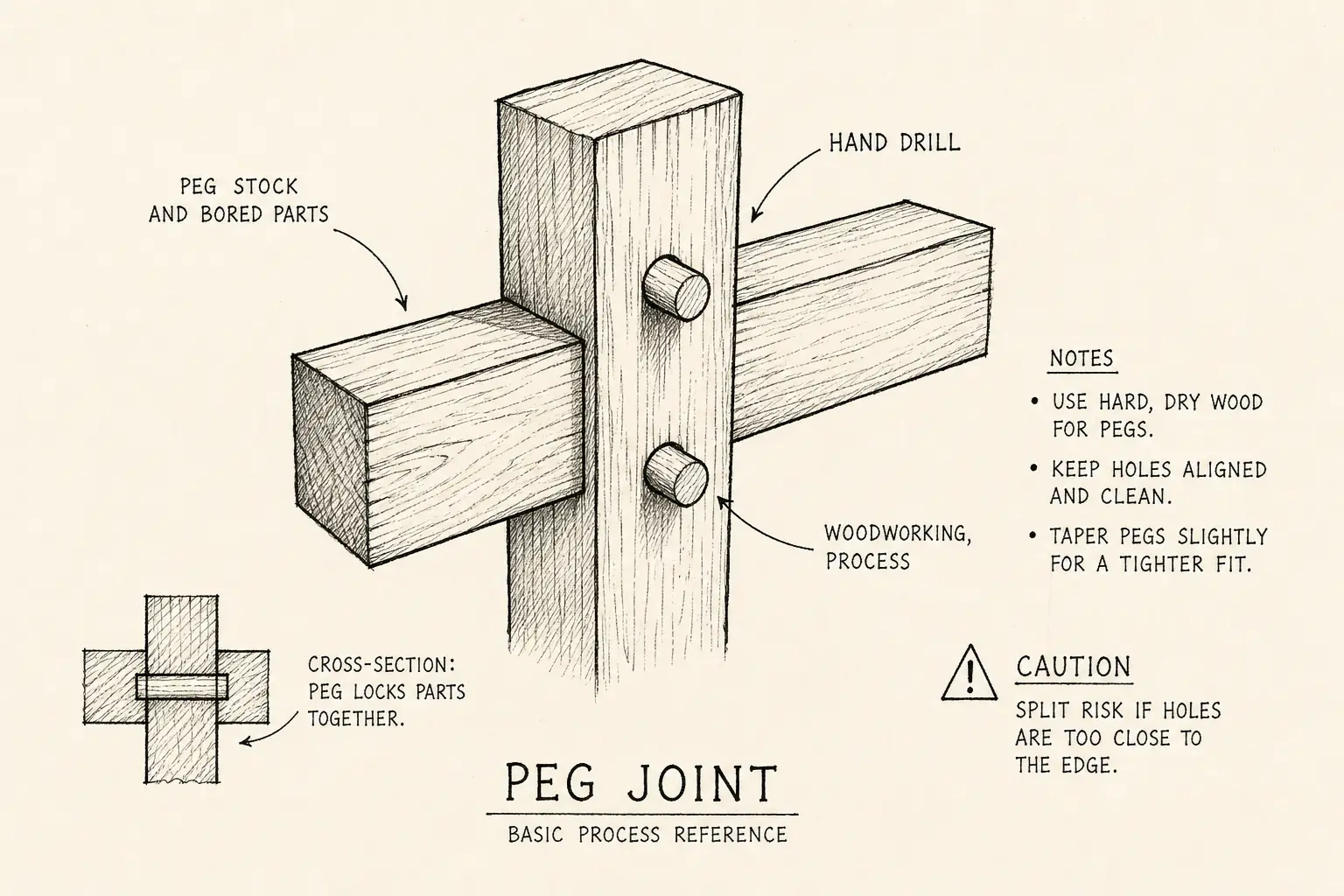 Field sketch of Peg joint, highlighting peg stock and bored parts, hand drill, woodworking, process.