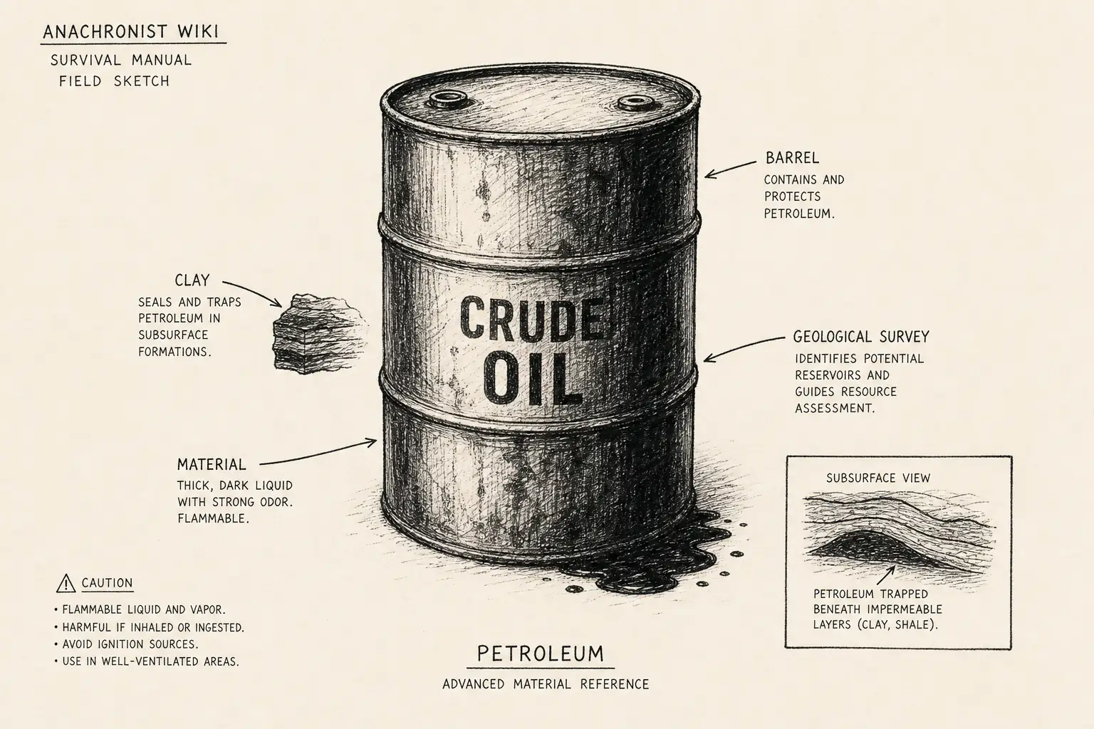 Field sketch of Petroleum, highlighting barrel, clay, geological survey, material.