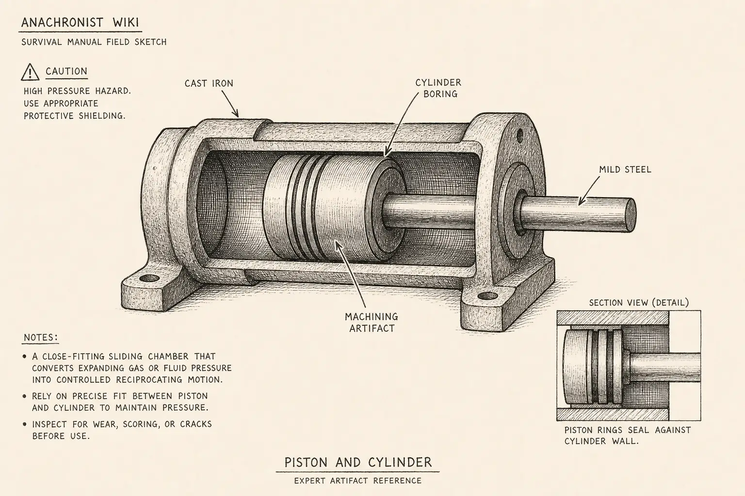 Field sketch of Piston and cylinder, highlighting cast iron, mild steel, cylinder boring, machining.