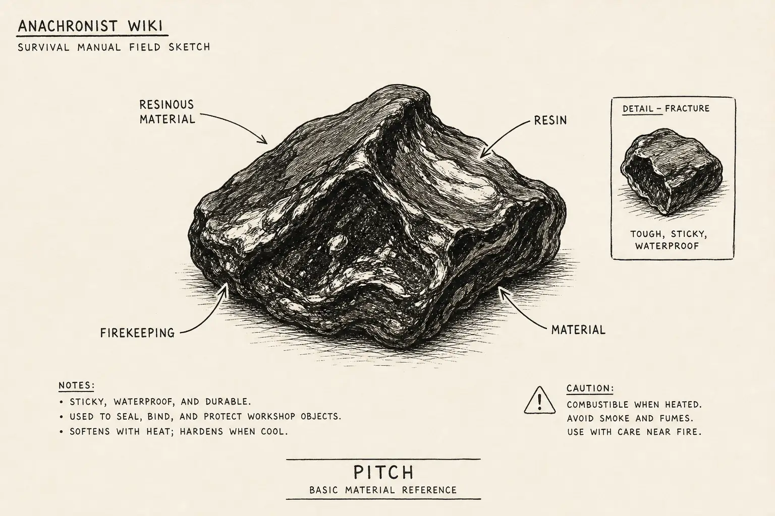 Field sketch of Pitch, highlighting resinous material, resin, firekeeping, material.