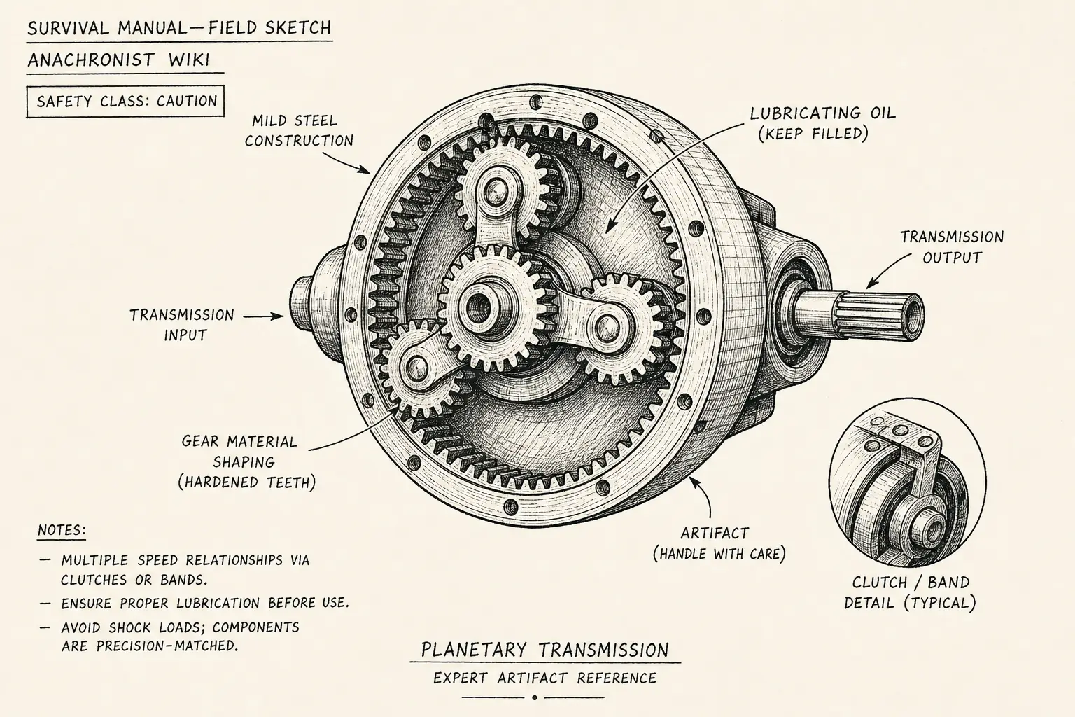 Field sketch of Planetary transmission, highlighting mild steel, lubricating oil, transmission, gear cutting.