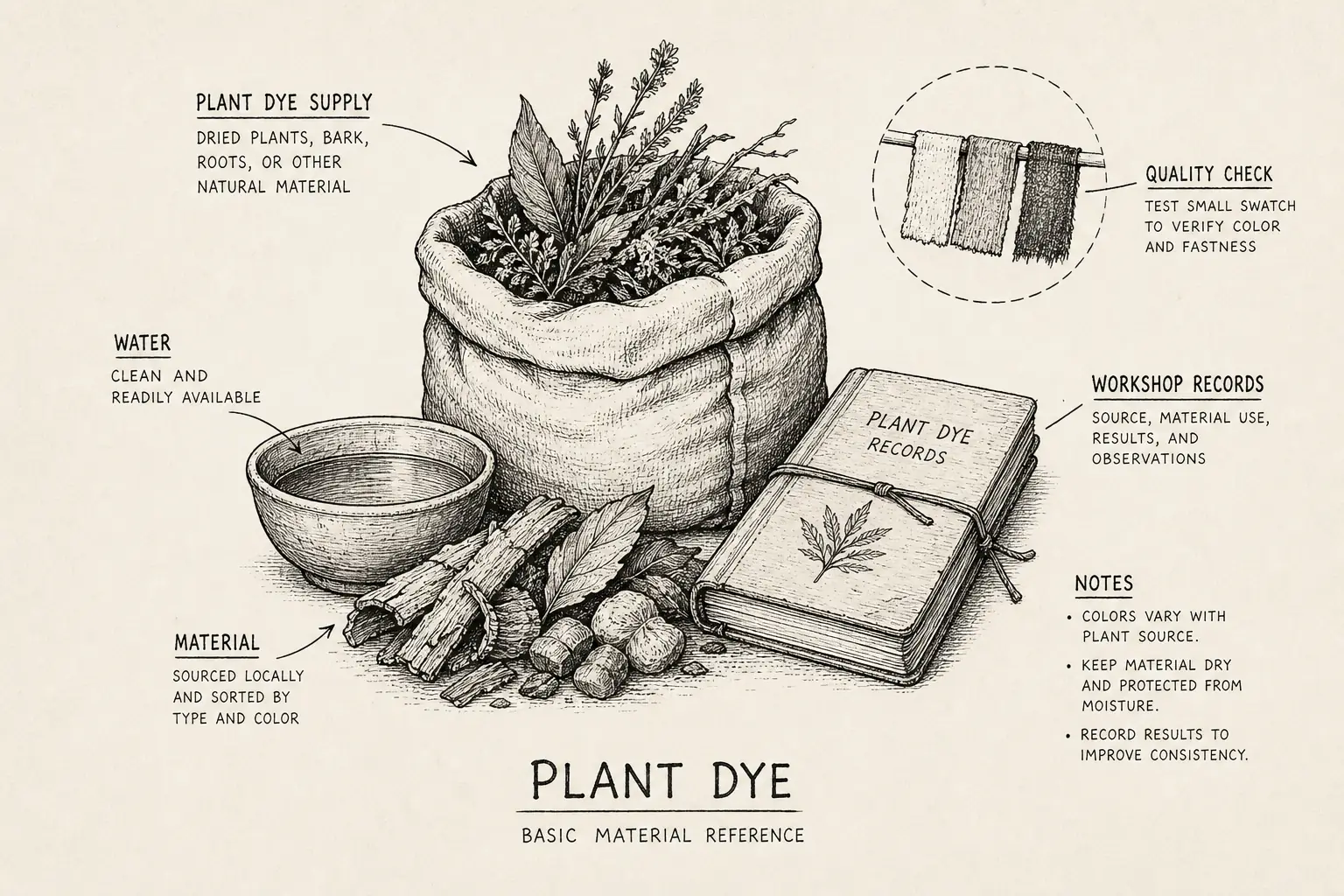 Field sketch of Plant Dye, highlighting plant dye supply, water, workshop records, material.