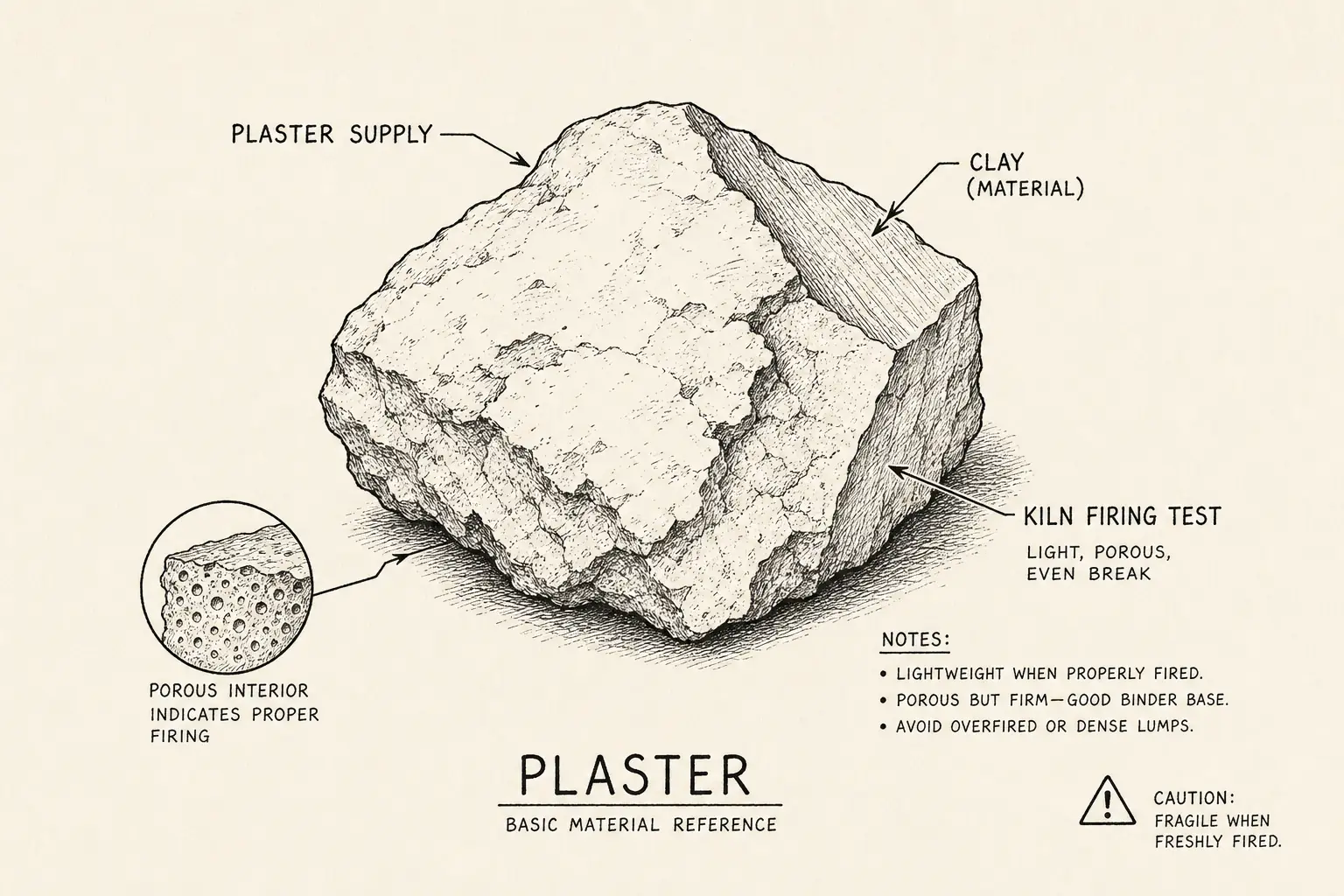 Field sketch of Plaster, highlighting plaster supply, clay, kiln firing test, material.