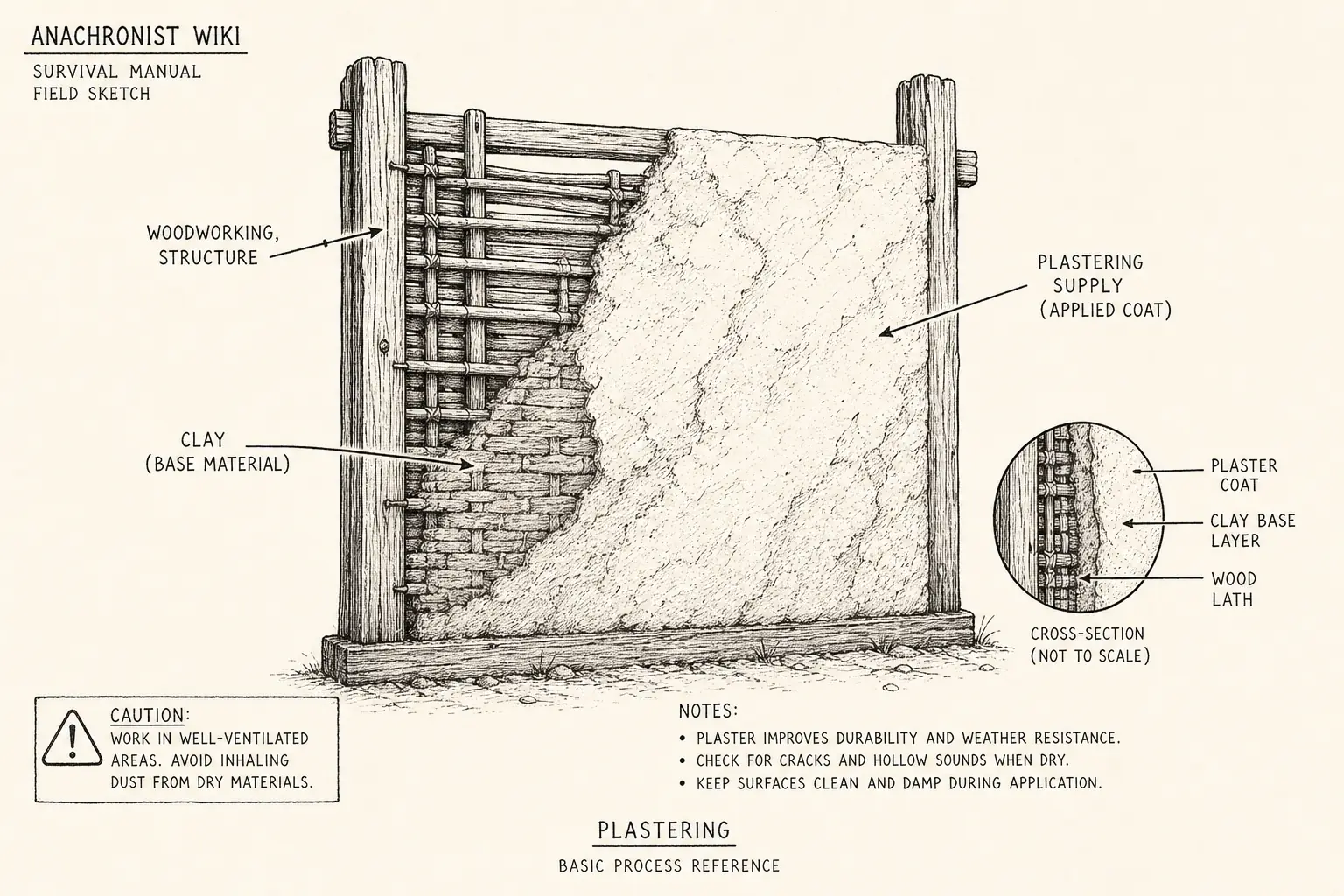Field sketch of Plastering, highlighting plastering supply, clay, woodworking, process.