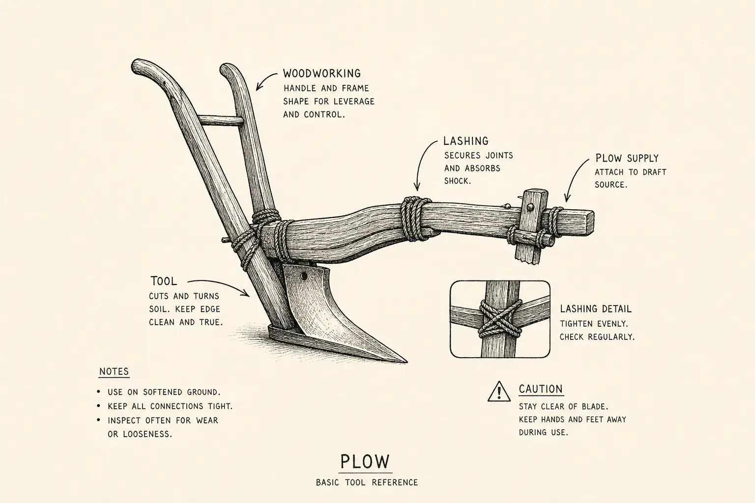 Field sketch of Plow, highlighting plow supply, woodworking, lashing, tool.