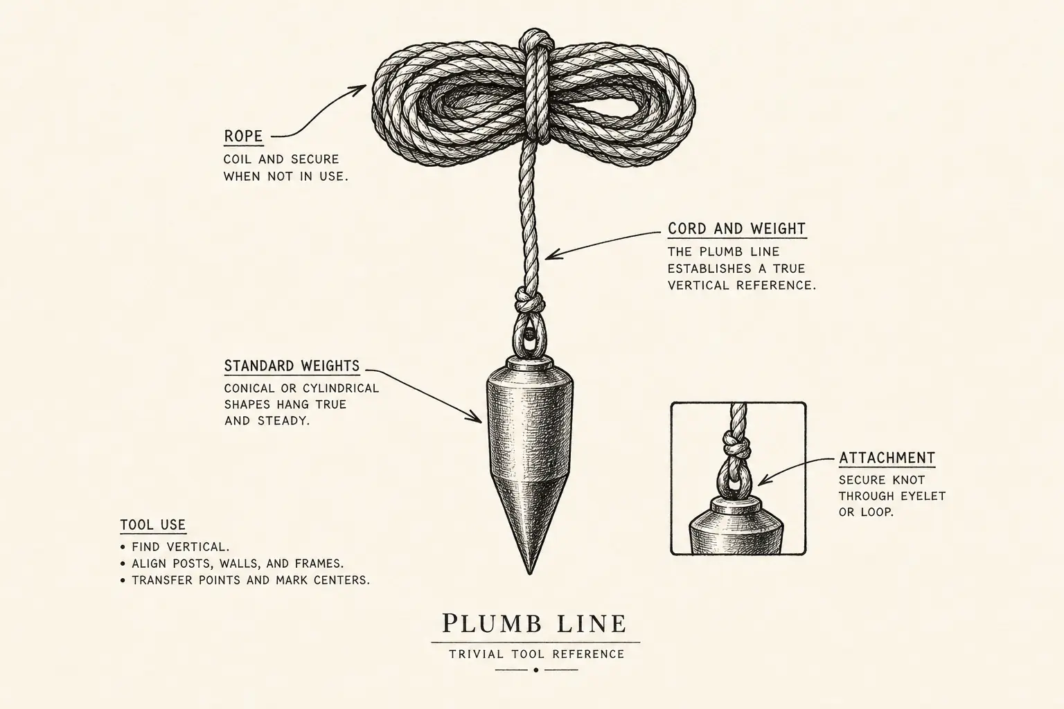 Field sketch of Plumb line, highlighting cord and weight, rope, standard weights, tool.