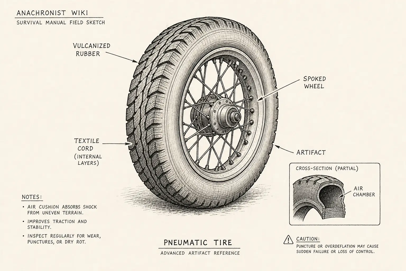 Field sketch of Pneumatic tire, highlighting vulcanized rubber, textile cord, spoked wheel, artifact.