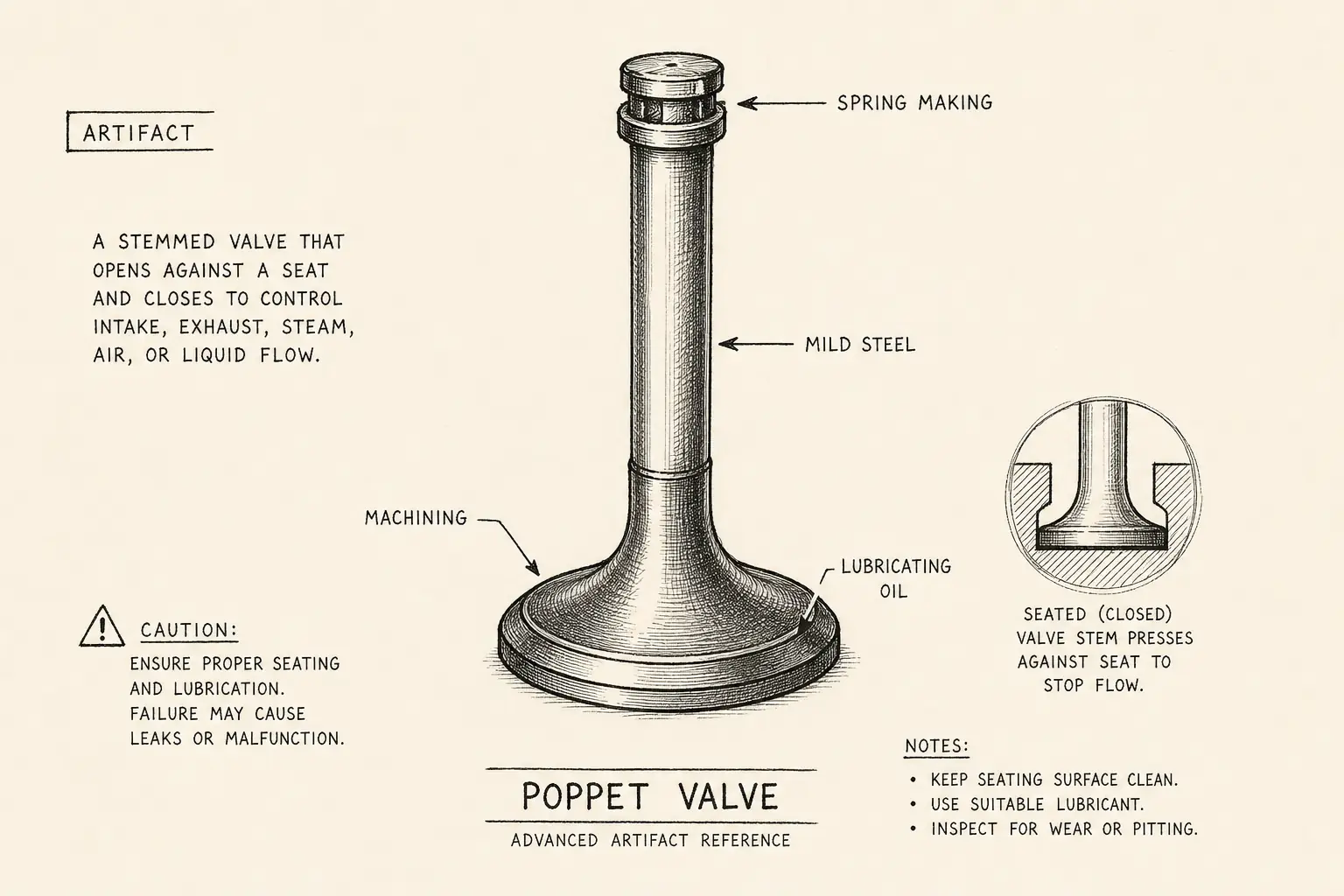 Field sketch of Poppet valve, highlighting mild steel, lubricating oil, machining, spring making.